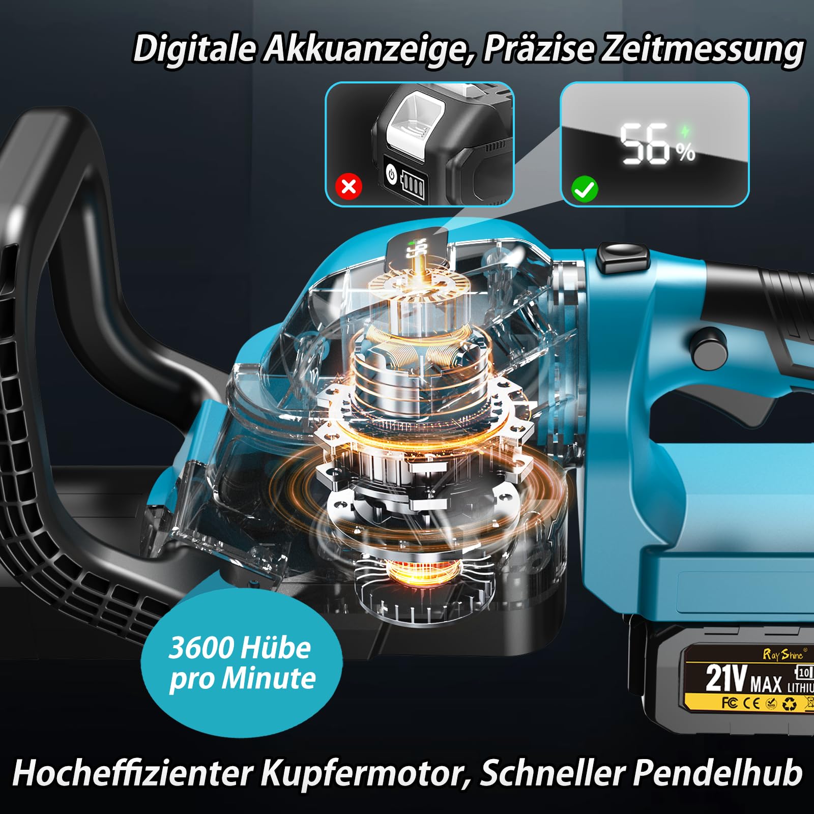 Akku-Heckenschere mit 2 x 4000 mAh Akku | Digitale Akkuanzeige, 90° drehbarer Handgriff, Hochwertige Messer, Reinkupfer-Motor, Für Sträucher & Bäume