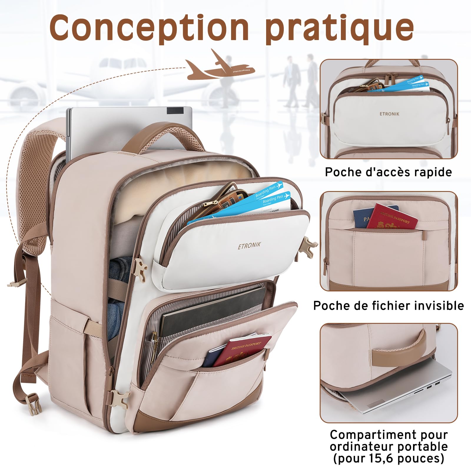 ETRONIK Sac Cabine Ryanair 40x30x20, Sac à Dos 24 litres, à Multiples Poches, Compatible Ordinateur 15,6 Pouces avec Poche Humide, Bagage Main Imperméable Autorisé Easyjet Transavia & Wizzair