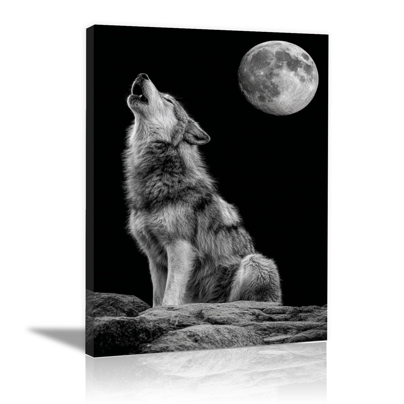 TERUEA Funny Animal Wall Decor Poster Wolf Full Moon Rocky Hill Picture for Bathroom Bathing Animals Humor Abstract Decor(Black)-70x100cm Framed