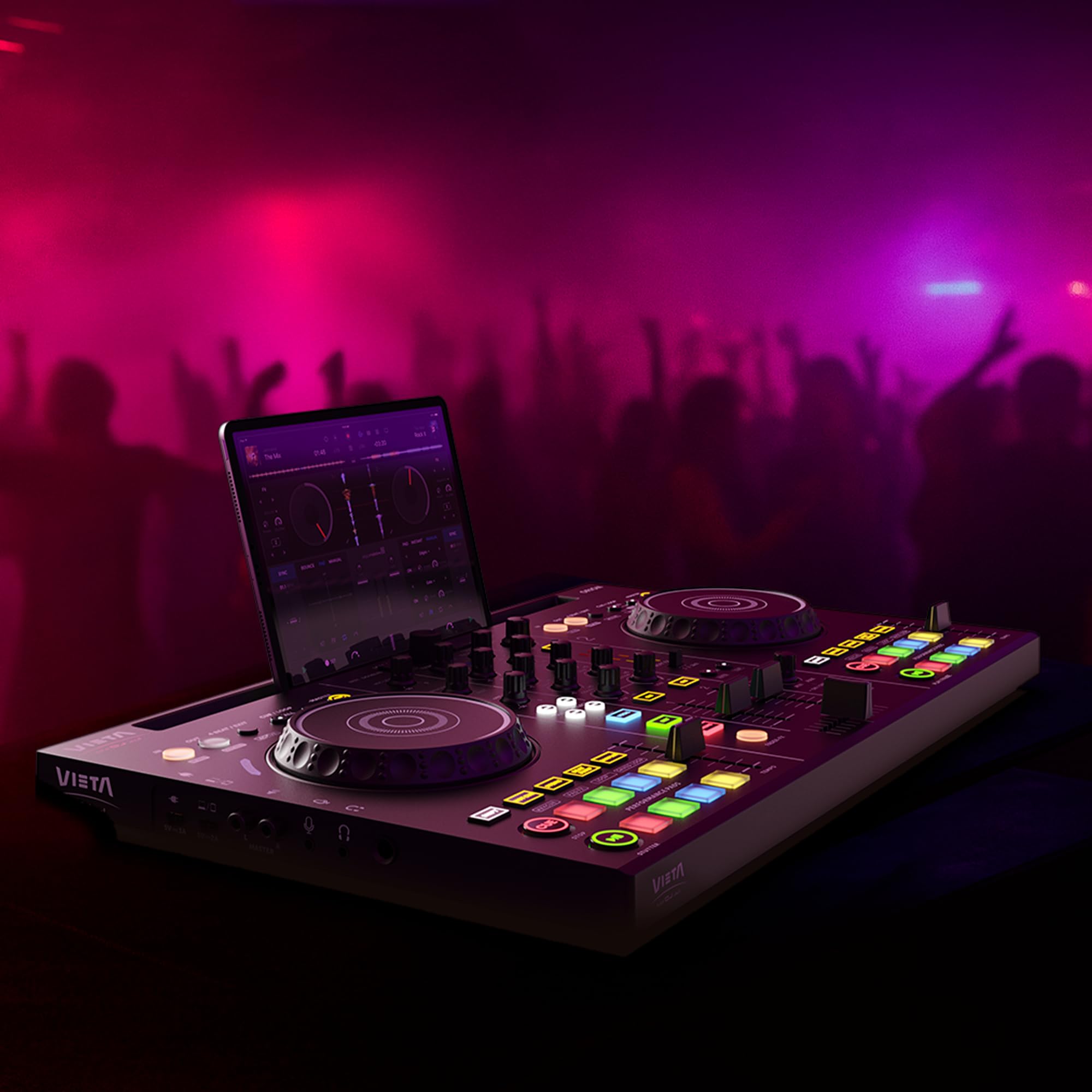 VIETA PRO Mesa de Mezclas DJ Bluetooth Profesional con Tarjeta de Sonido Integrada. Controladora DJ Con Luces Integradas RGB, Mezclador DJ Controller e Interfaz Audio. Mesa de mezclas DJ (Orion)