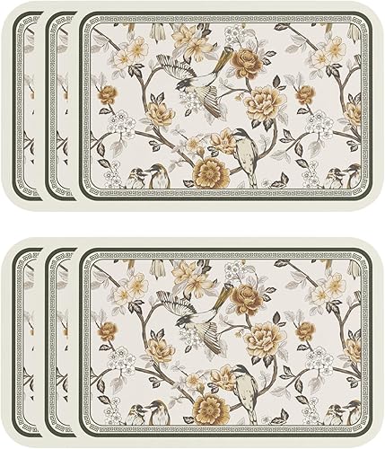 Miniatura 1 de ISAENNE Juego de 6 manteles individuales de PVC, rectangulares con estampado de flores y pájaros, impermeables y resistentes al calor, decoración