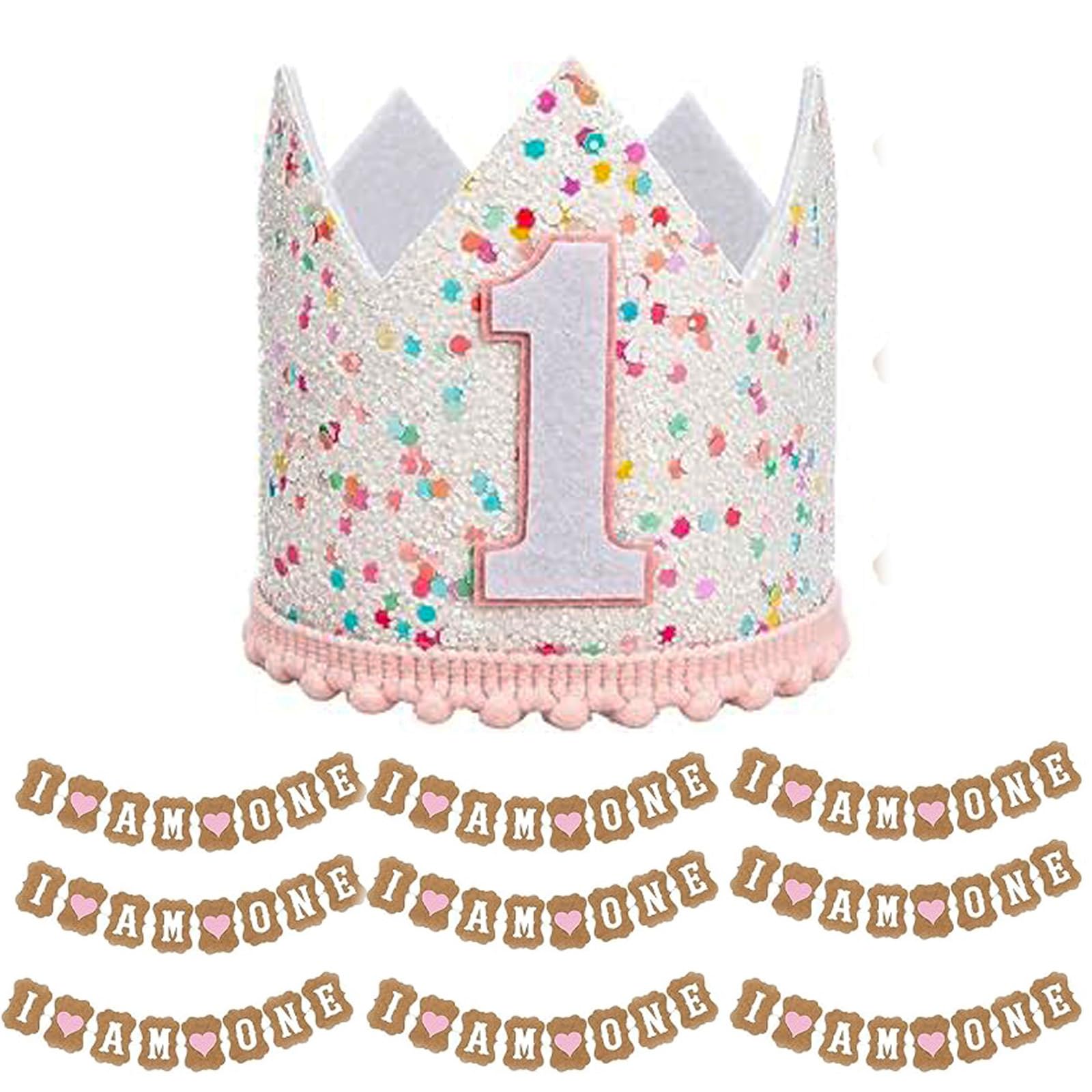 BOFYTR 1st Birthday Crown, Pink First Birthday Decorations Set, Photo Props for Girls Birthday Parties, Includes Crown and Banners for Memorable Celebrations