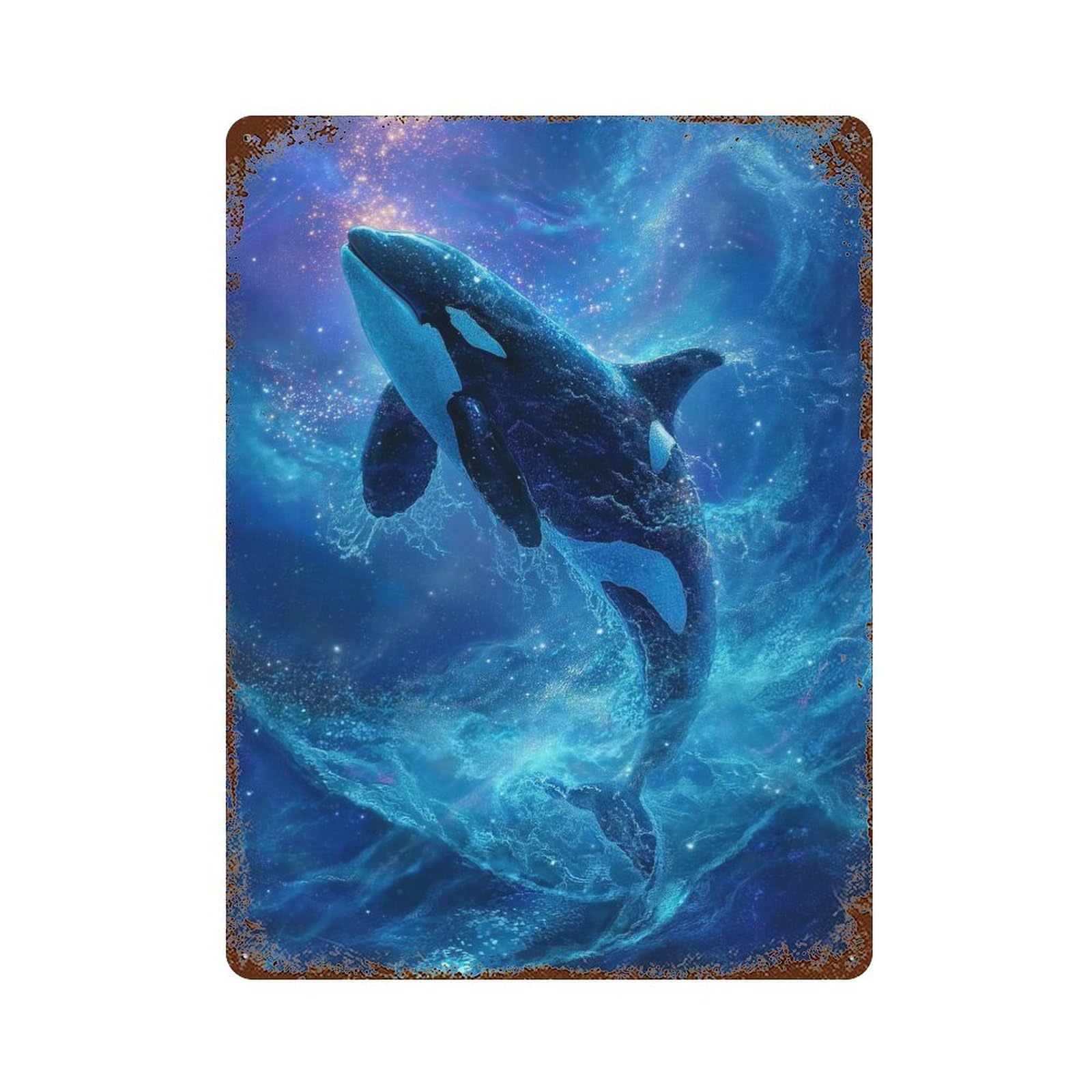 Orca Leaping Through Stars 15.7"x11.8" Vintage Metal Tin Sign, Novelty Wall Decor for Basement, Hobby Room And Garage Decor
