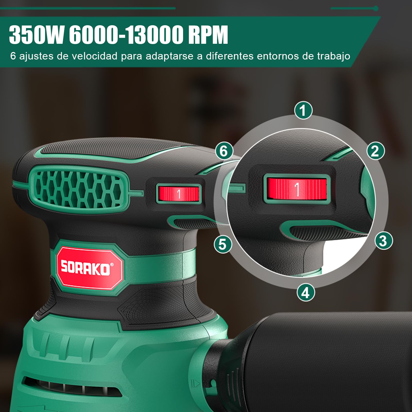 SORAKO Levigatrice orbitale 350W, 125 mm, 6 velocità, 16 fogli abrasivi, raccolta polvere, funzione frenante rapido, per progetti hobby in legno