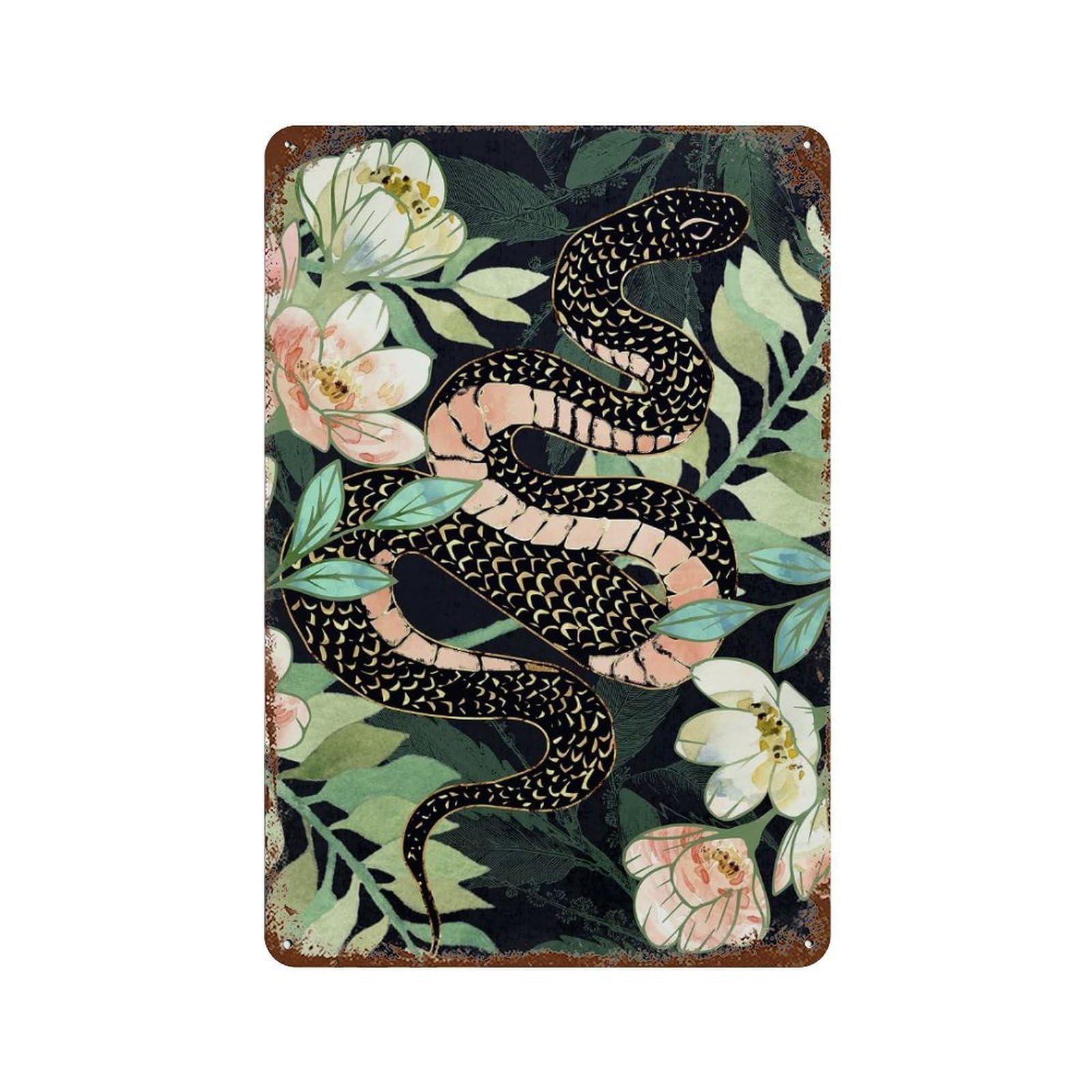 Rust Effect Metallic Floral Snake Rustic Tin Plaque 11.8"x7.9", Classic Wall Plaque for Shed, Workshop And Garage Wall Decor