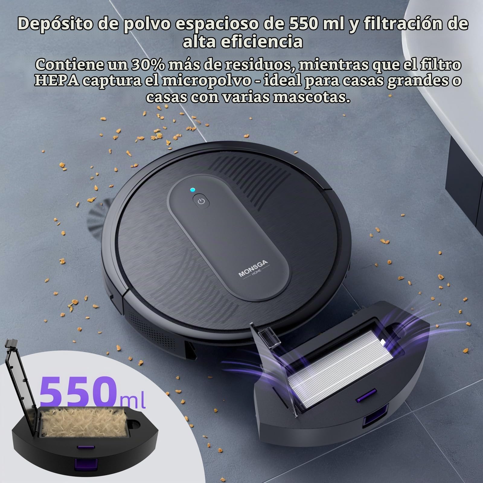 MONSGA Robot Aspirador,Robot Aspirador y Fregasuelos 4000Pa Presión de Succión, Autonomía 140 Minutos, Sensores Anticaídas y Cepillo Multifunción, TotalSurface, App Control | Robot Aspirador y Fregasuelos 3 en 1,Autonomía 140 Minutos, Sensores Anticaídas,