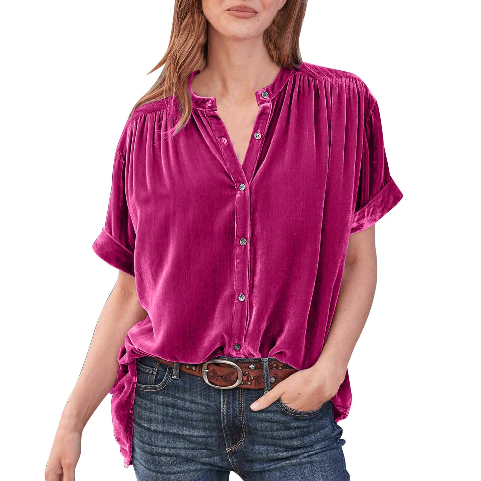 Top in velluto da donna, elegante, casual, con bottoni, comoda e morbida, a maniche corte