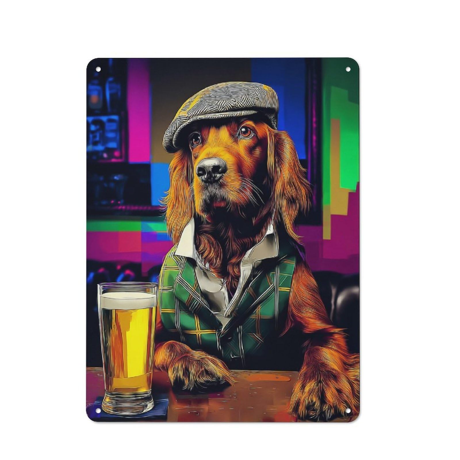 Junmoney Dog In Bar With Beer -1 Decorative Tin Plaque With Design 40X30cm, Classic Novelty Wall Art For Flat, Dorm Room, Lounge Or Cafe