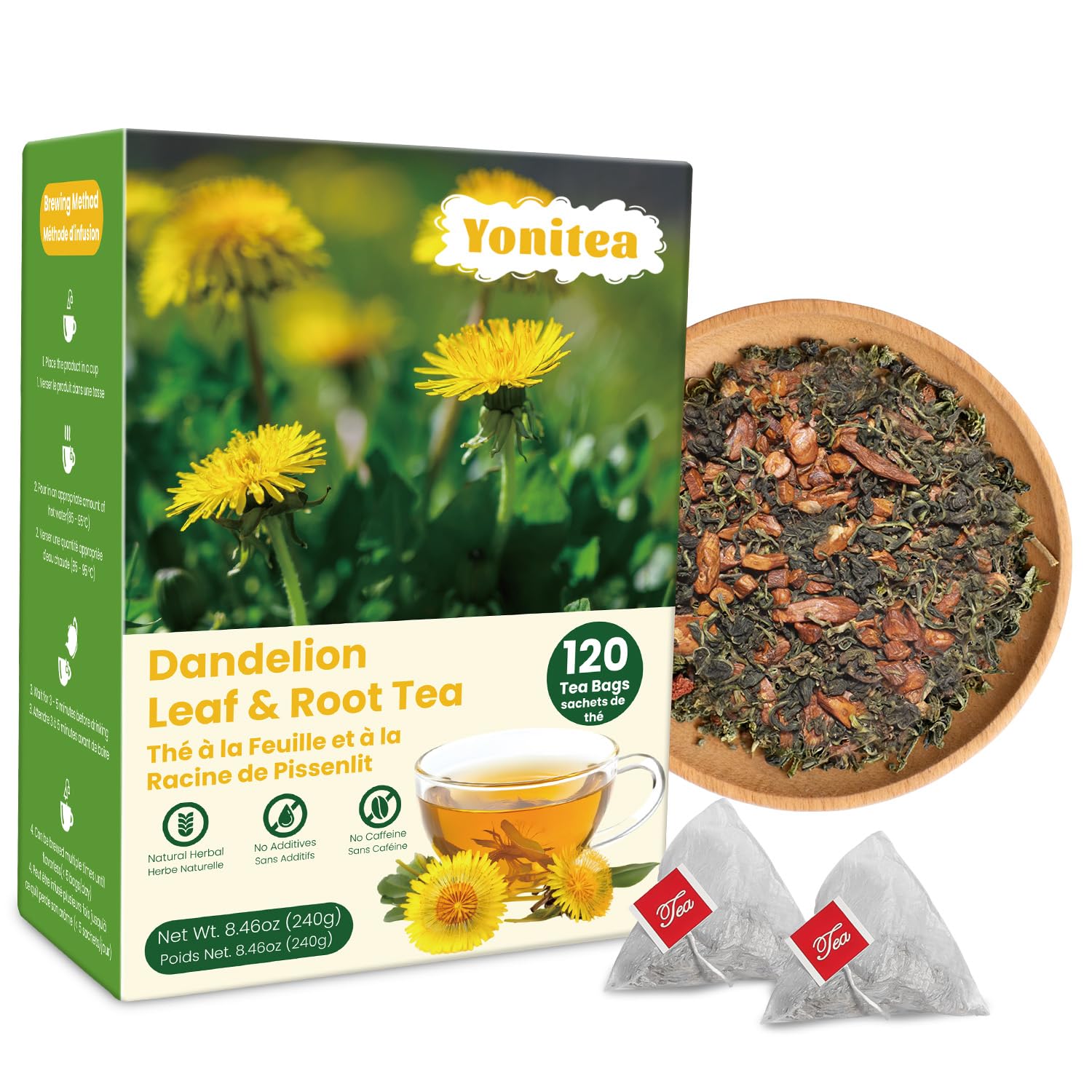 Yonitea Dandelion Root Tea, Natural Roasted Dandelion Leaf and Root Tea Bag Herbal Detox Teabag for Liver & Kidney Health, Caffeine Free, No Additives, Non GMO (120 Teabags)