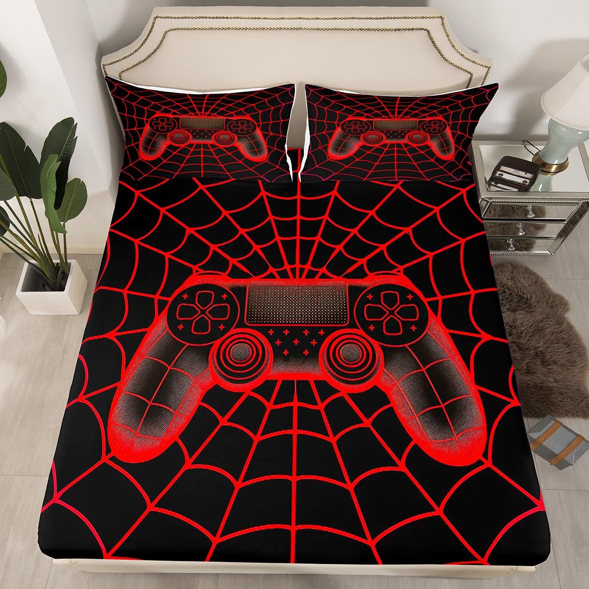 jejeloiu Gamer Fitted Sheet Full Size Spider Web Bedding Set for Boys Girls Teens Red Bed Sheets Set Breathable Soft Lightweight Microfiber