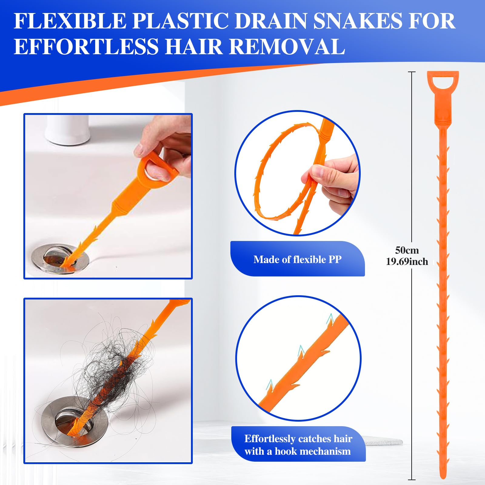 Redamancy 4 Stück Abflussreiniger Spirale, Drain Cleaner, Abflussreiniger Sticks, Abflussbürste, Flexible Reinigungsbürste, Verstopfungsentferner für Kanalisation, Küche, Bad, Dusche, Toilette
