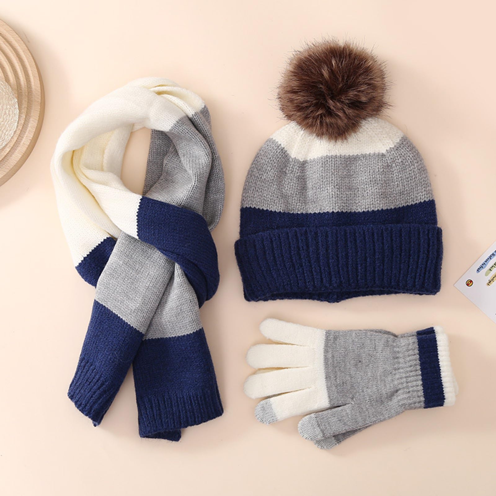 Juego de gorro, bufanda y guantes para niños, gorro de invierno con pompón y gorro de punto cálido para niñas y niños, gorro de invierno, bufanda y guantes