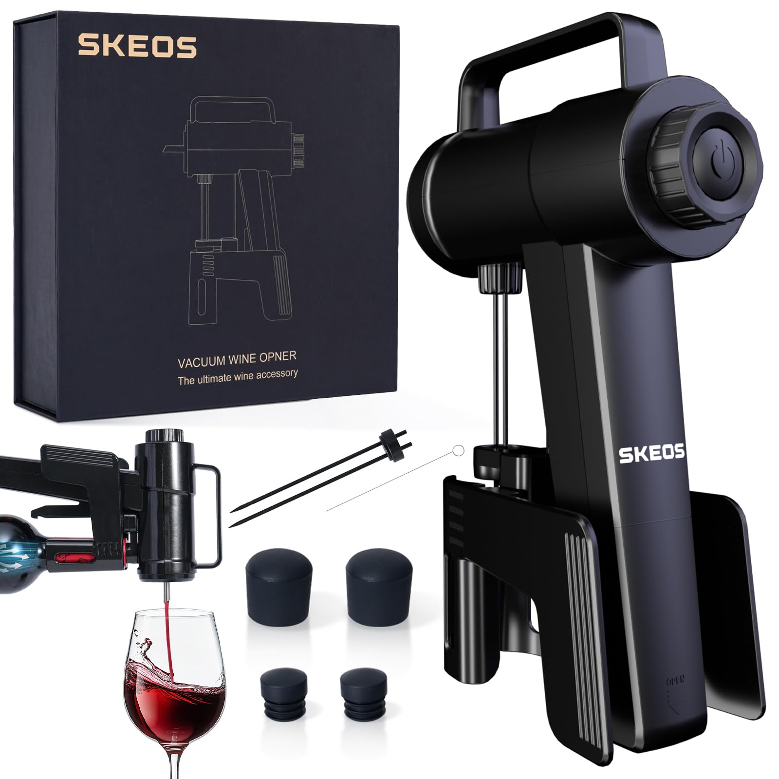 SKEOS Electric Wine Opener, Needle Piercing Vacuum Wine Bottle Opener for Smooth Extraction, No Cork Damage, Vacuum Seal Freshness, Perfect for Wine Lovers, Black