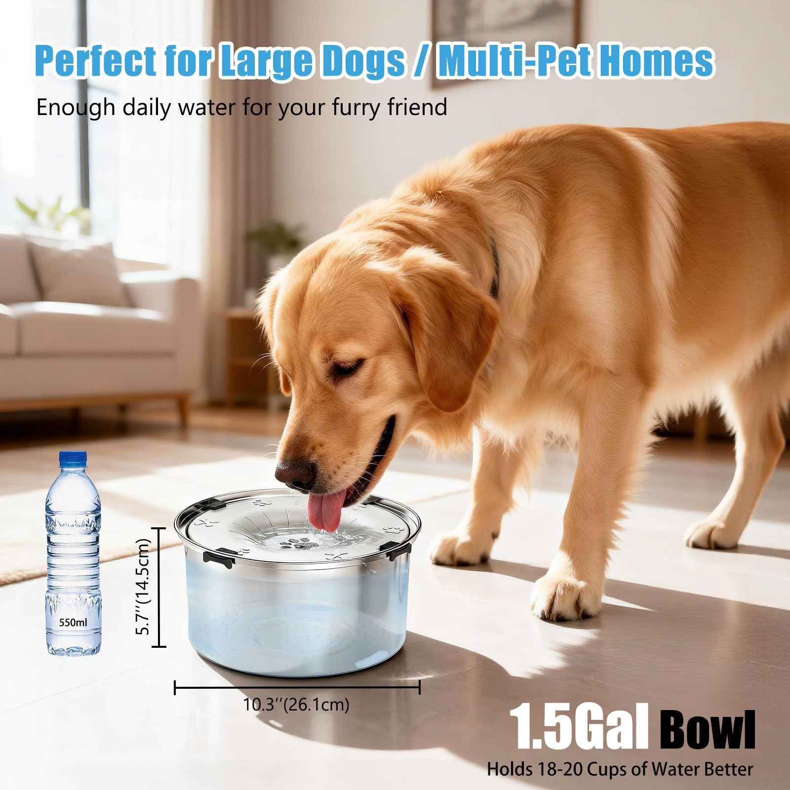 SCHITEC No Spill Dog Water Bowl for Large Dogs, 5.6L / 1.5 Gallon Stainless Steel Splash-Proof Slow Drinking Pet Dish with Floating Disk & Non-Slip Base, Mess-Free Design for Home or Travel-Light Gray - image 6