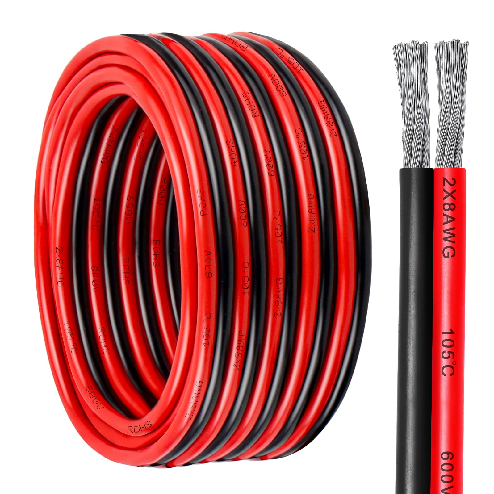 8 Gauge Wire 2 Conductor Tinned Copper Cable, Flexible 8 AWG Marine Wire for Solar Panel, LED Strip, Boat, Automotive, Trailer and Speaker (8 Gauge 20FT)