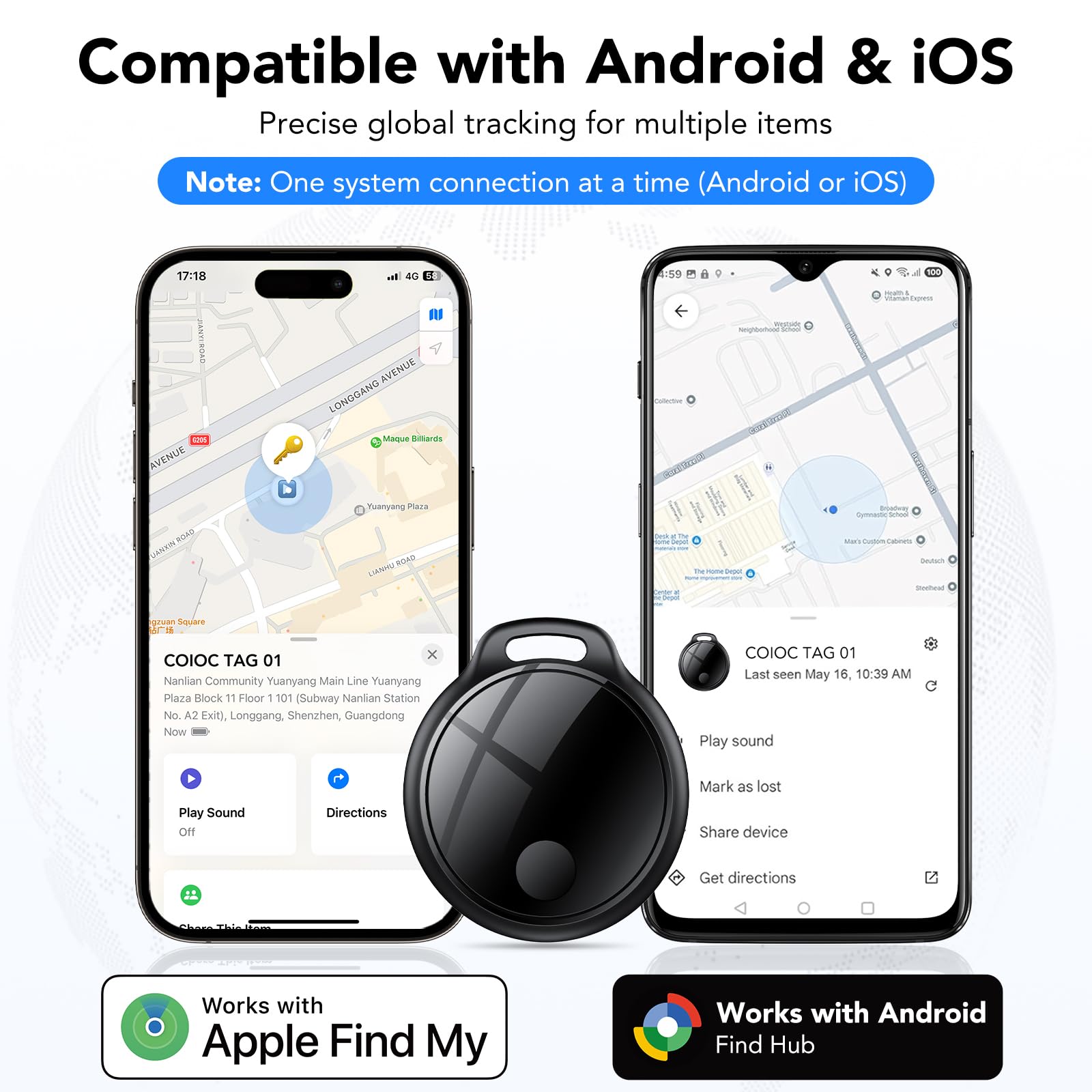 Air Tracker Tags – Lot de 1 : (iOS Uniquement) Application « Find My » (iOS) – Noir, Batterie remplaçable