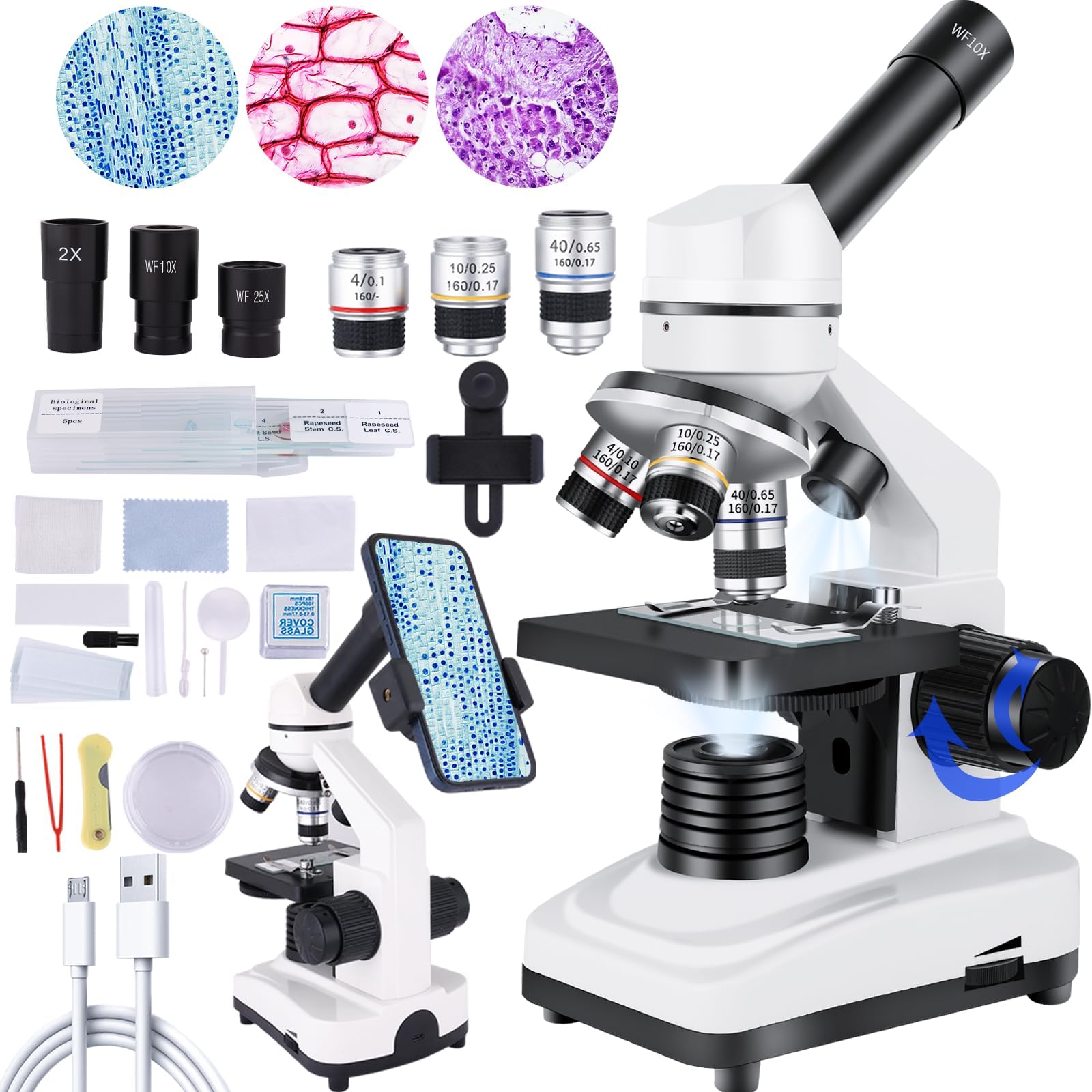 Herwicm Microscopio, microscopio 40X-2000X con adaptador de teléfono y juego de diapositivas, adecuado para estudiantes, laboratorio escolar y educación en el hogar (microscopio monocular)