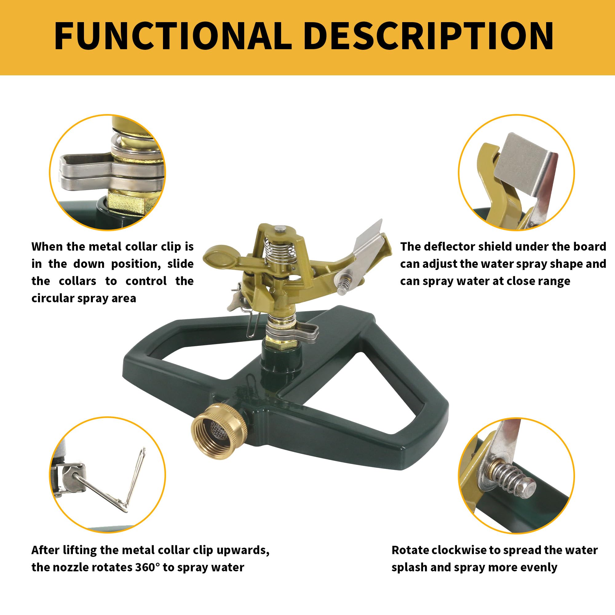 Aspersores de impacto para patio con base de metal, aspersor de impulso de aleación de zinc resistente, rotación automática de 360° para césped y jardín grandes, cobertura de hasta 5,800 pies