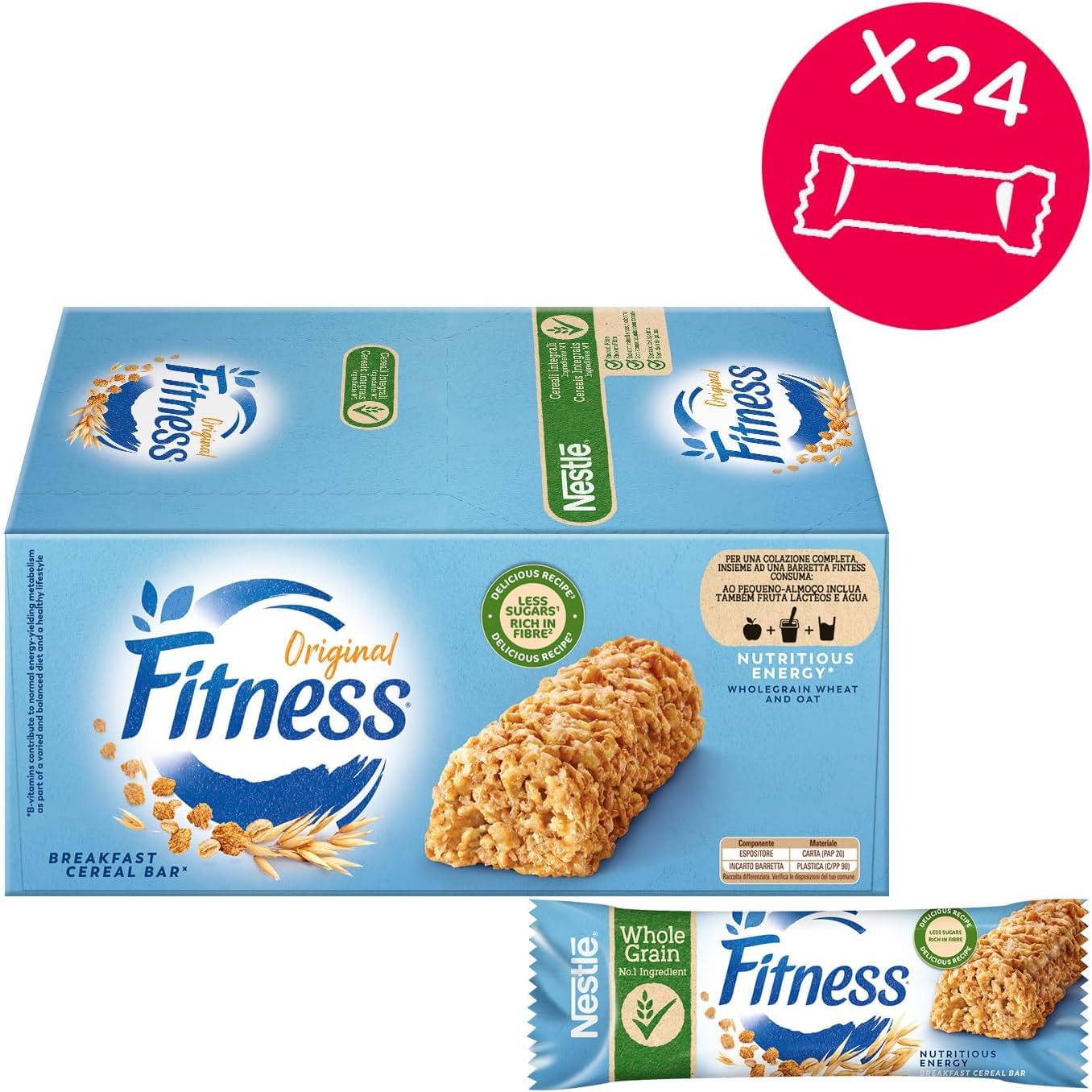 Nestlé Lot de 4 barres de fitness Barrette di Cereali Integrali, paquet de 564 g, chaque paquet contient 24 barres de 23,5 g + 1 paquet de thé glacé San Benedetto au citron sans sucre 330 ml