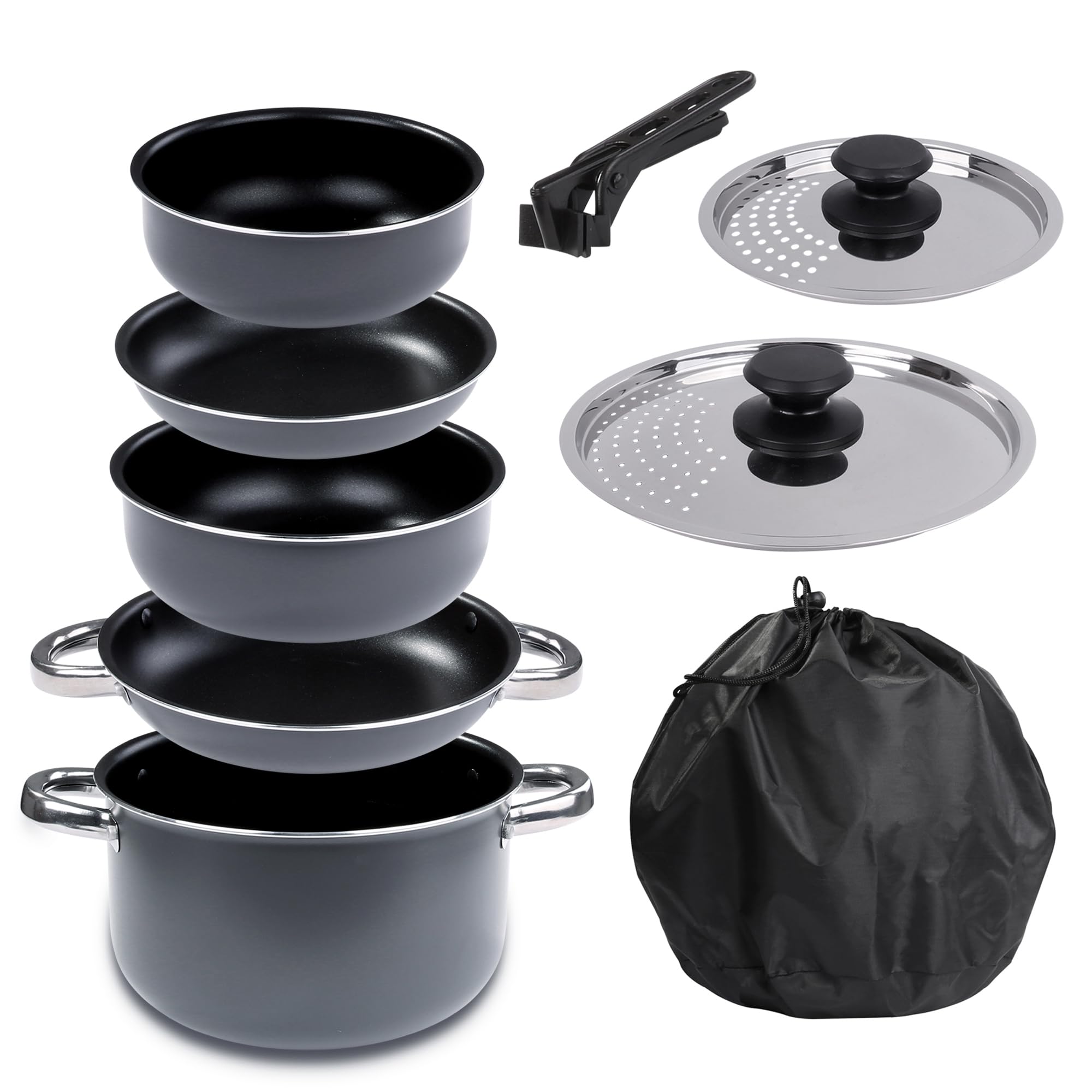 your GEAR Ranger Family Batterie de cuisine de camping 9 pièces en aluminium – Batterie de cuisine d'extérieur empilable avec revêtement antiadhésif – Batterie de cuisine de camping pour 6 personnes