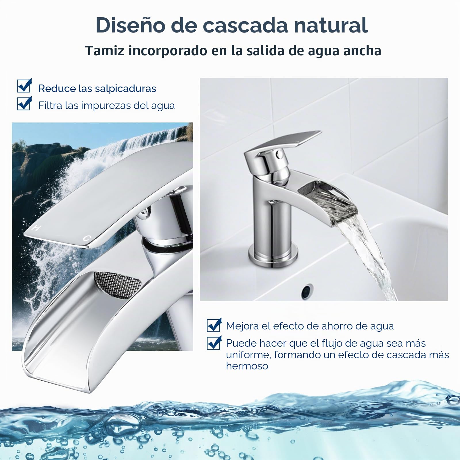 Grifos mezcladores para lavabo de baño de Peppermint con caño en cascada, grifo monomando moderno y pequeño, monobloc, para tocador, latón, cromo