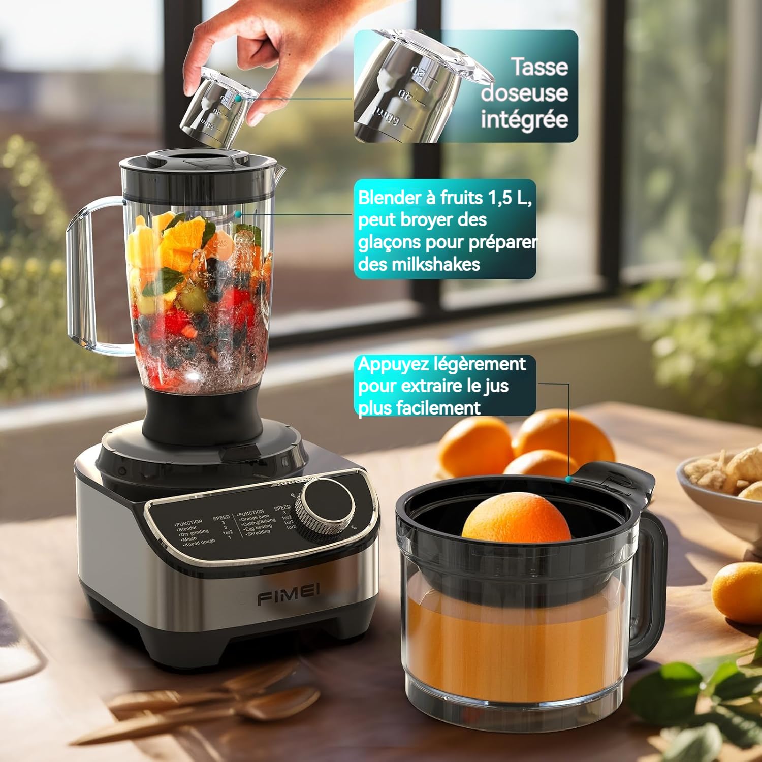FIMEI Robot Cuisine Multifonctions 1300W, 3 Vitesses et Fonction Pulse, 3,5L Hachoir, 1,5L Mixeur, Moulin, Presse Agrumes, Pétrin à Pâte, Fouet, Râpe, Disque Tournant, Sans BPA