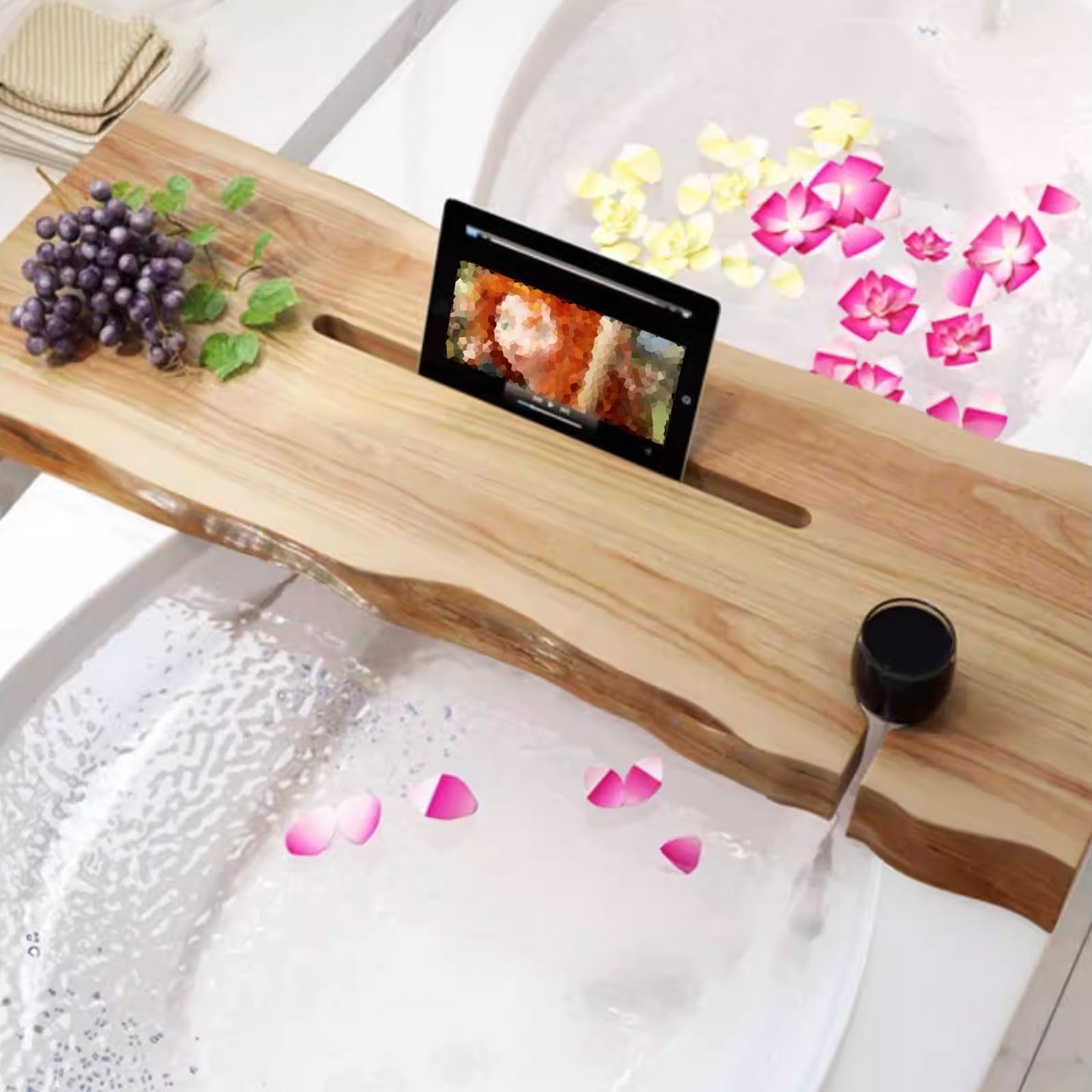 Premium -Badewanne Caddy Massive Holzbadschale für die Wanne Große Badetischschale Halter für Tablet mit Buch- und Weinglashalter,39.4“Lx7.9 Wx2 H