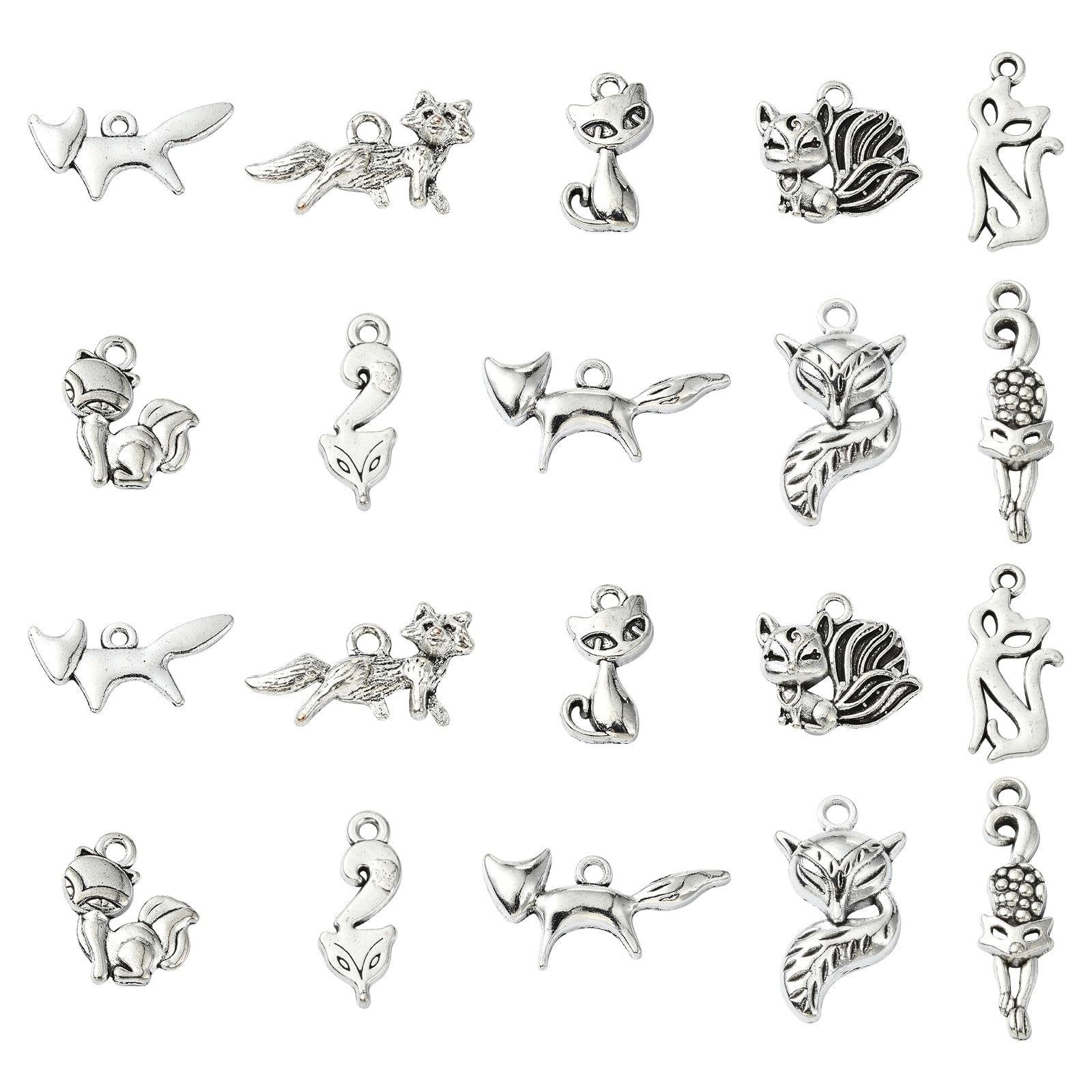 UR URLIFEHALL 100 Pcs 10 Styles Antique Silver Fox Charms Tibetan Animal Charms Pendants for Jewellery Making DIY Crafts Keychain Necklaces