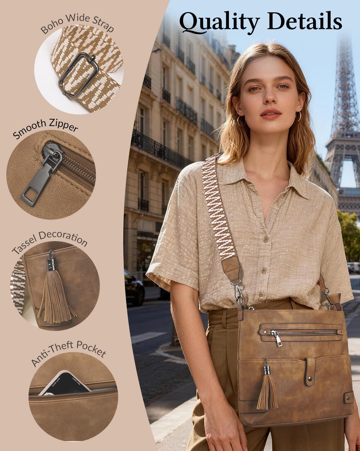 Bolsos Bandolera Mediano para Mujer, Bolso Cruzado de Diseño en Piel Vegana con Borla y Correa Ancha de Estilo Boho, Bolso de Hombro de Moda con Múltiples Bolsillos