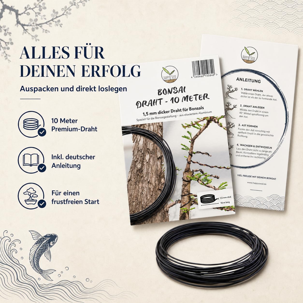 HAPPY SEED 10 m Filo per Bonsai in Alluminio anodizzato, Nero - Essenziale per Ottenere la Forma Desiderata del Bonsai - Ideale per cablare Alberi e Piante (1,5 mm)
