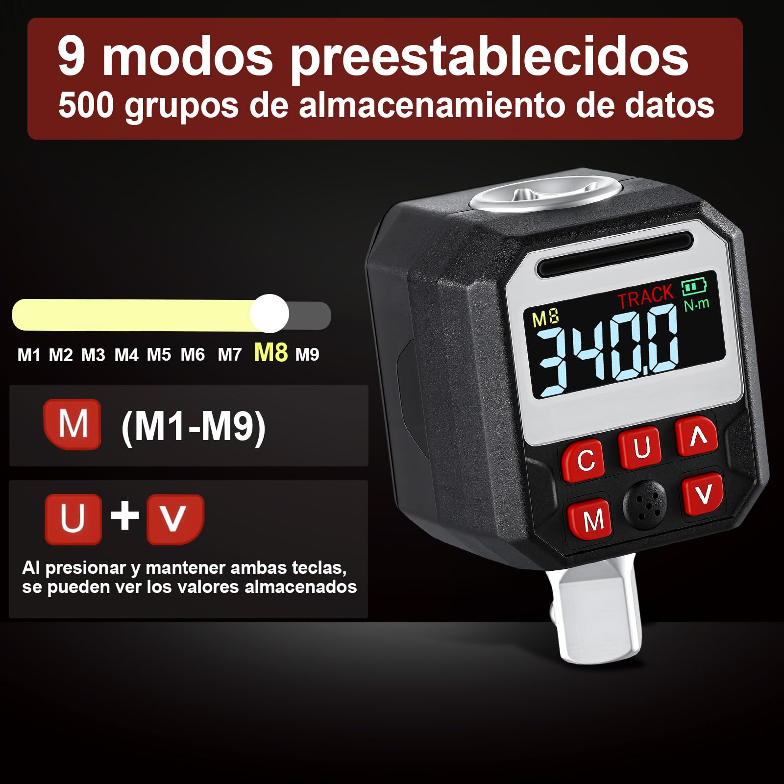Medidor de Torsión Digital con Adaptador de Torsión de Llave de Pantalla LED de Transmisión de 1/2 Pulgada, Material de CRV, 9 Modos Preestablecidos, Seguimiento en Tiempo Real y (17-340NM)