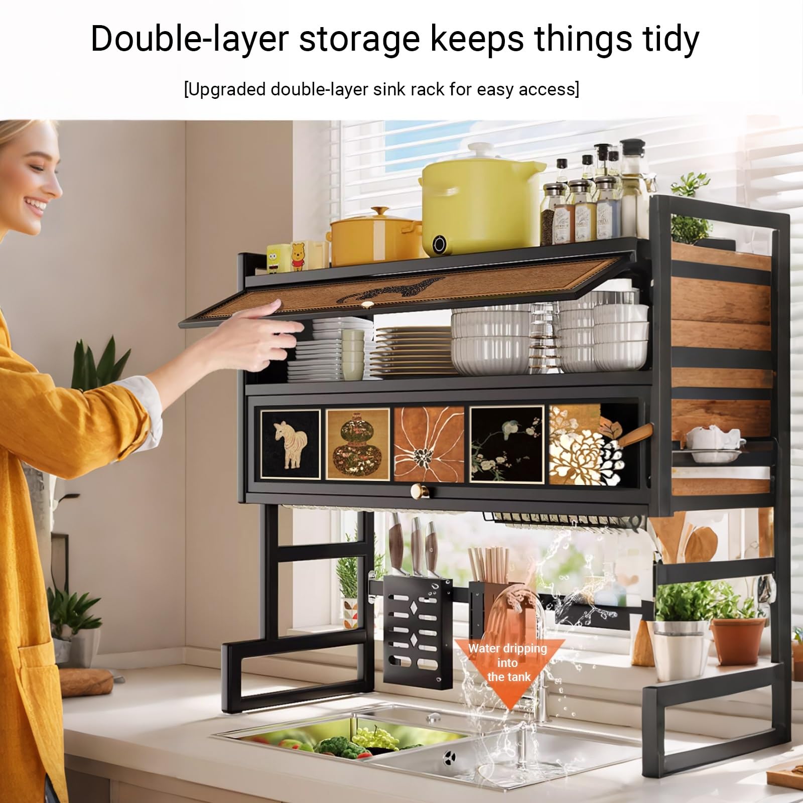 Escurridor de platos sobre el fregadero con tapa, soporte para utensilios de cocina que ahorra espacio para platos, vasos y cubiertos, ideal para cocinas pequeñas
