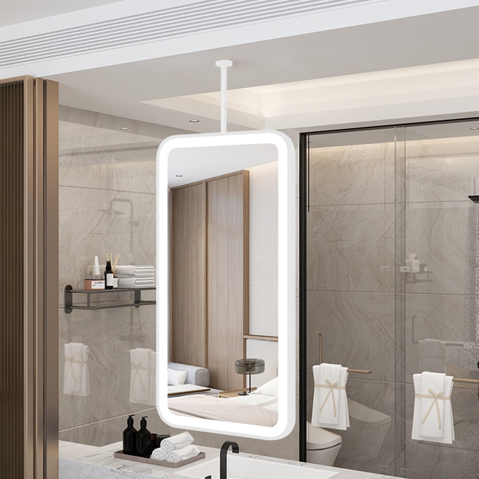 ITOSUI Rectangle Hanging Mirror with LED Light, Vanity Shaving Makeup Mirrors 3 Colours Dimmable, Ceiling Mounted Mirrors for Living Room Entrance, Nordic Design(40cmx60cm)