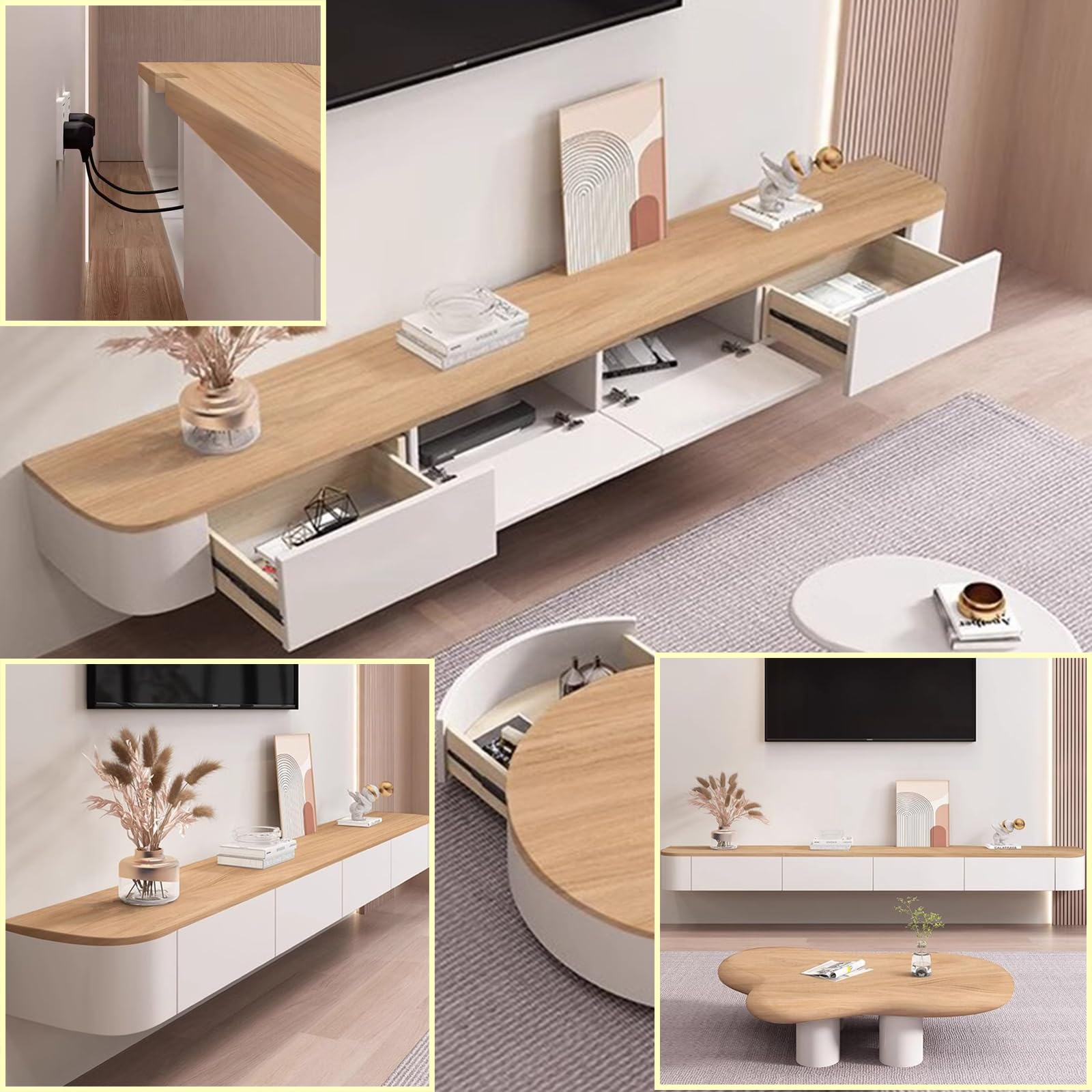 Meuble TV suspendu en bois massif pour salon, maison, table basse, support TV 140, 160, 180, 200, 220, 240 cm, plusieurs tailles (Blanc-Marron, 160 x 20 x 24 cm)