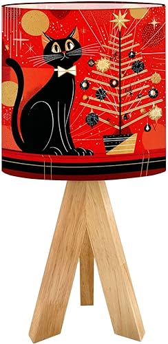 Tripod Table Lamp Retro Futuristic Christmas Cat Under Atomic Holiday Tree Bedside Lamps Small Lamp Nightstand Lamp with Linen Lampshade Mid Century