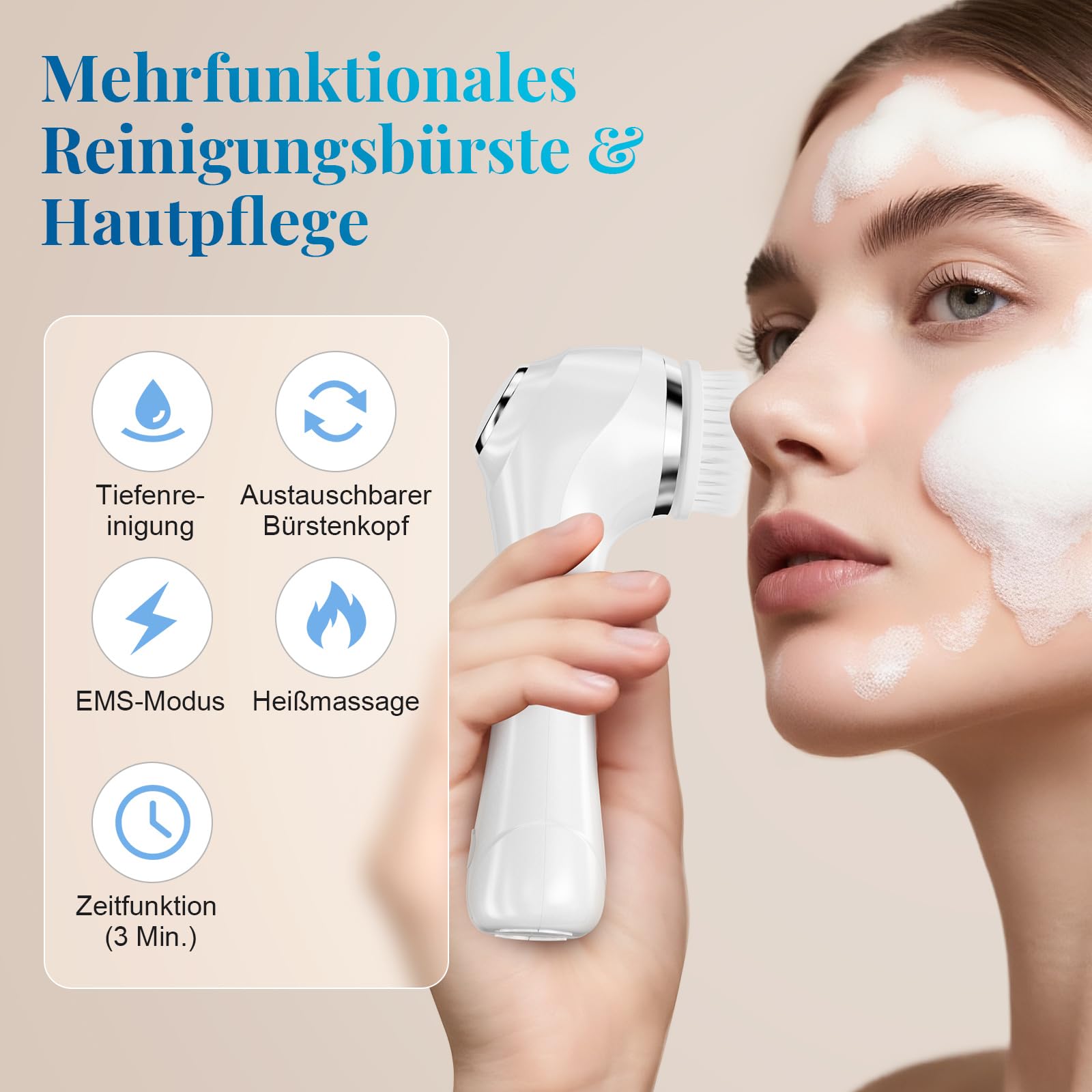 Elektrische Gesichtsreinigungsbürste, 2 in 1 Gesichtsbürste Mit 4 Bürstenköpfen, EMS Gesichtsmassagegerät mit Heizung Wasserdichte Gesichtsreinigung Tiefenreinigung für alle Hauttypen
