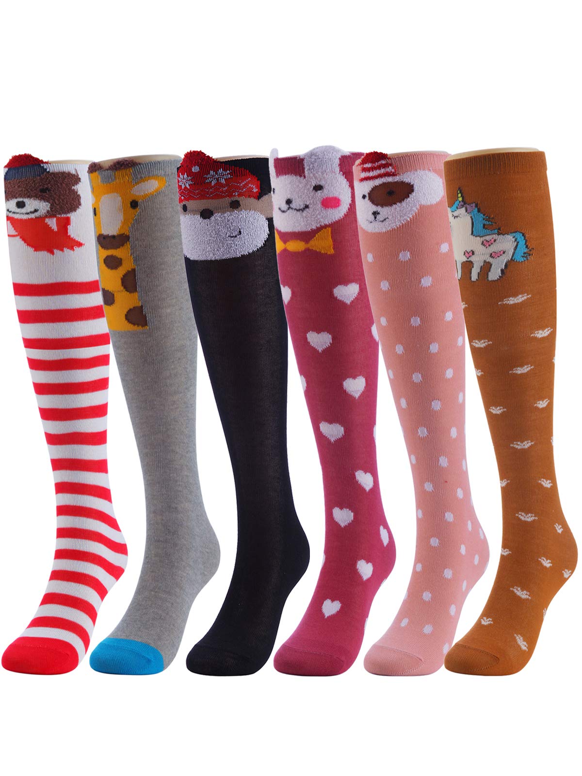 CISMARK Cartoon Animal Cat Bear Fox over Calf Knee High Socks, 6 Colors, One Size, 6 Colors-e, One Size