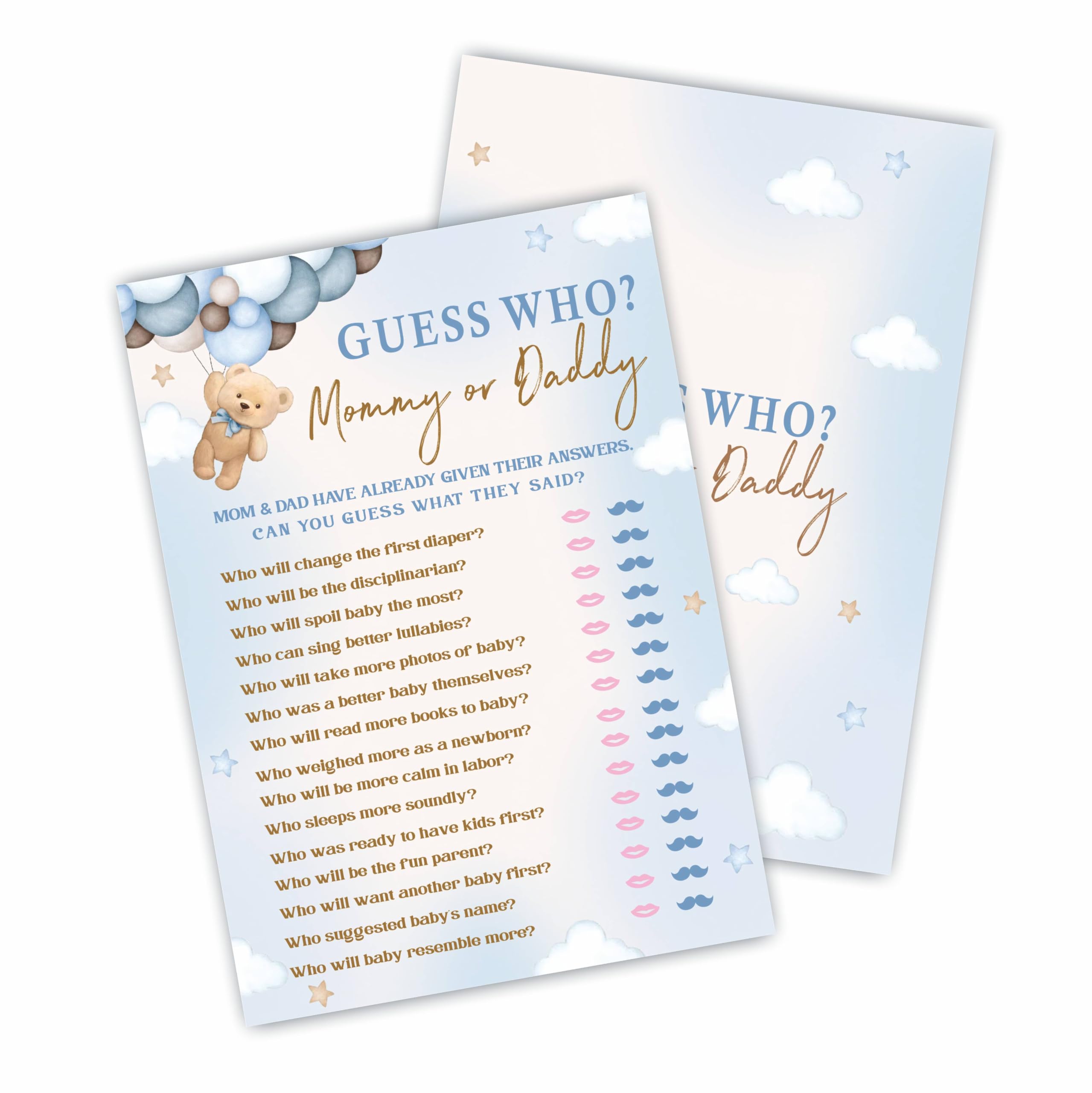 30 Guess Who? Cards for Baby Shower Game & Activity - 5"X7" Bear & Balloons Theme Mommy Or Daddy Double-Sided Fill In Cards, Gender Reveal Party Favors & Decorations