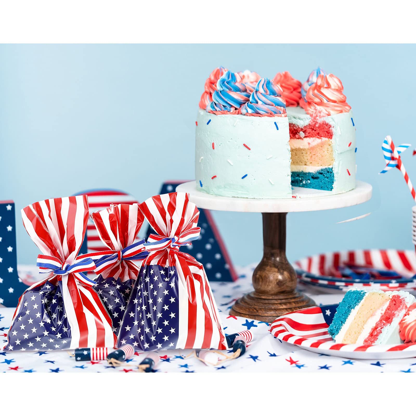 Tenare 100 Pcs Patriotic Gift Cellophane Bags Bulk Plastic Red White Blue American Favor Flag Cellophane Bags 4th of July Treat Goodie Candy Pouches with Ribbon for Veterans Party Favors