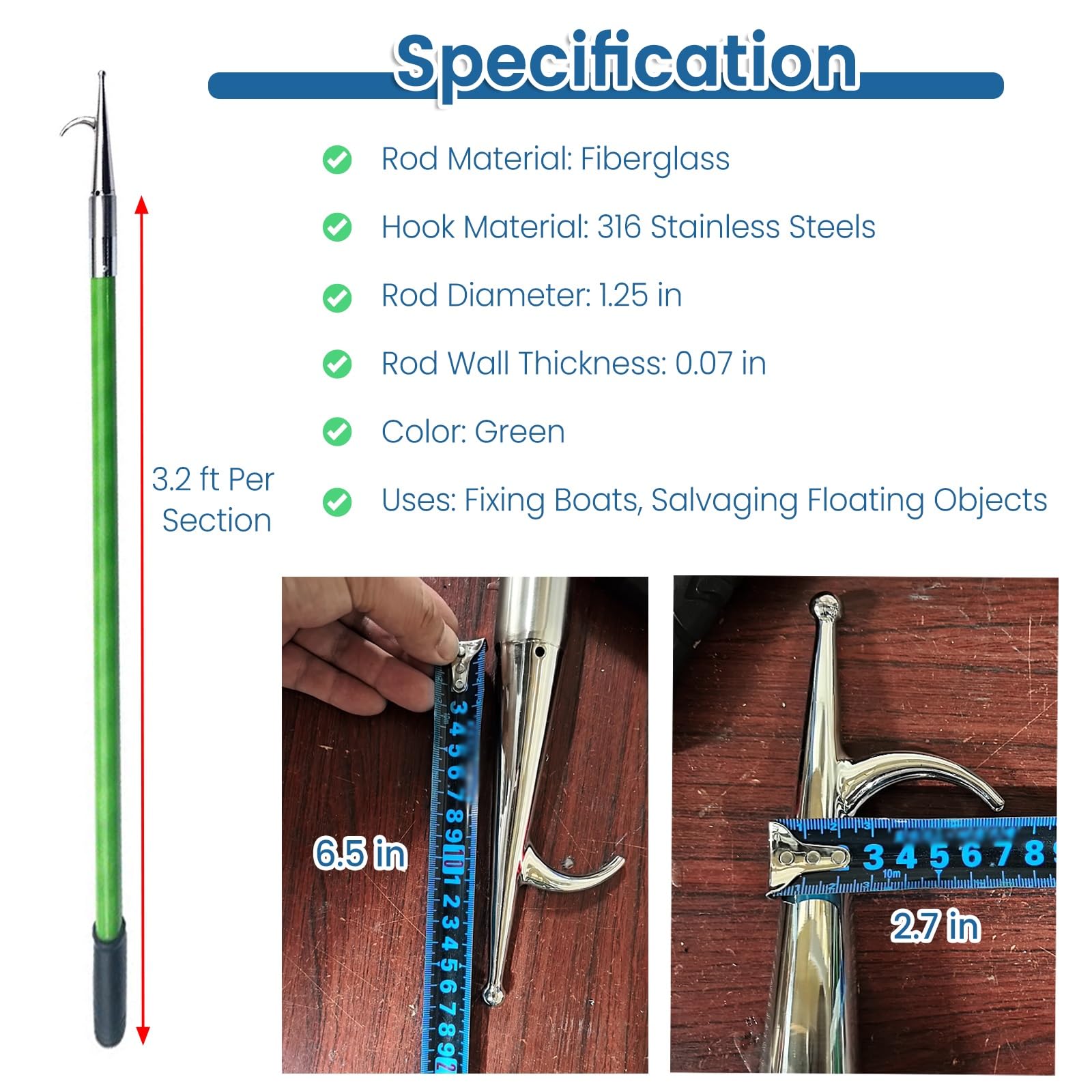 JYHHCYS Boat Hook Pole Heavy Duty, Lightweight Metal Boat Hooks for Docking, Rescue Hook Water Rescue Pole, Waterproof Multifunctional Dock Hook, Boating Accessories(Long 13.1 ft)