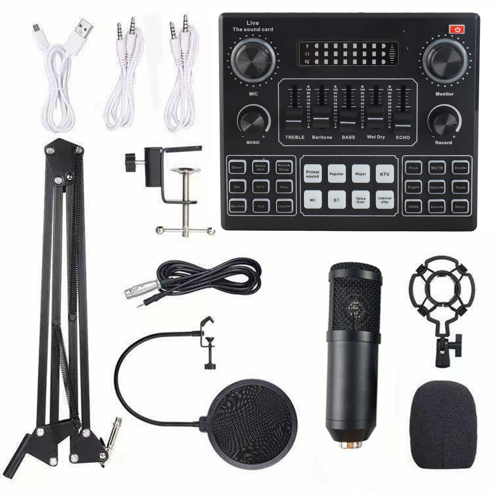 SEAFRONT Tarjeta de Sonido Inteligente y Kit de Micrófono, Micrófono de Suspensión de Acero ABS con Chip de Audio DSP, Admite Canto en Vivo y Monitoreo en Tiempo Real para Podcasters Streamers (BLACK)