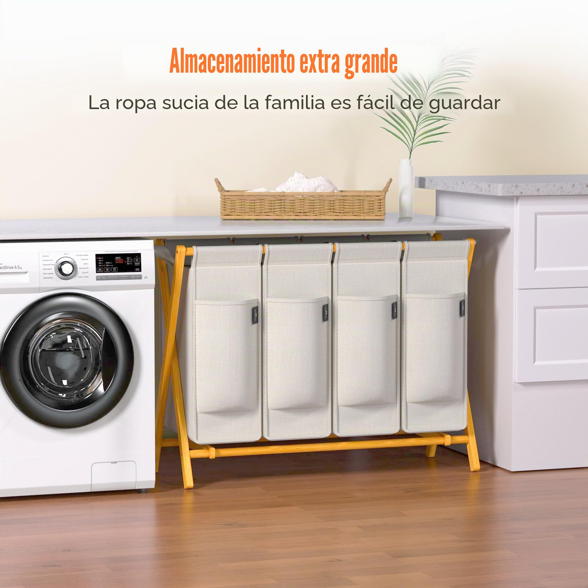 AdelDream Cesto para la colada con 4 compartimentos 200 L de bambú | para la ropa sucia de madera con tapa estantes de bambú en forma de X gris claro