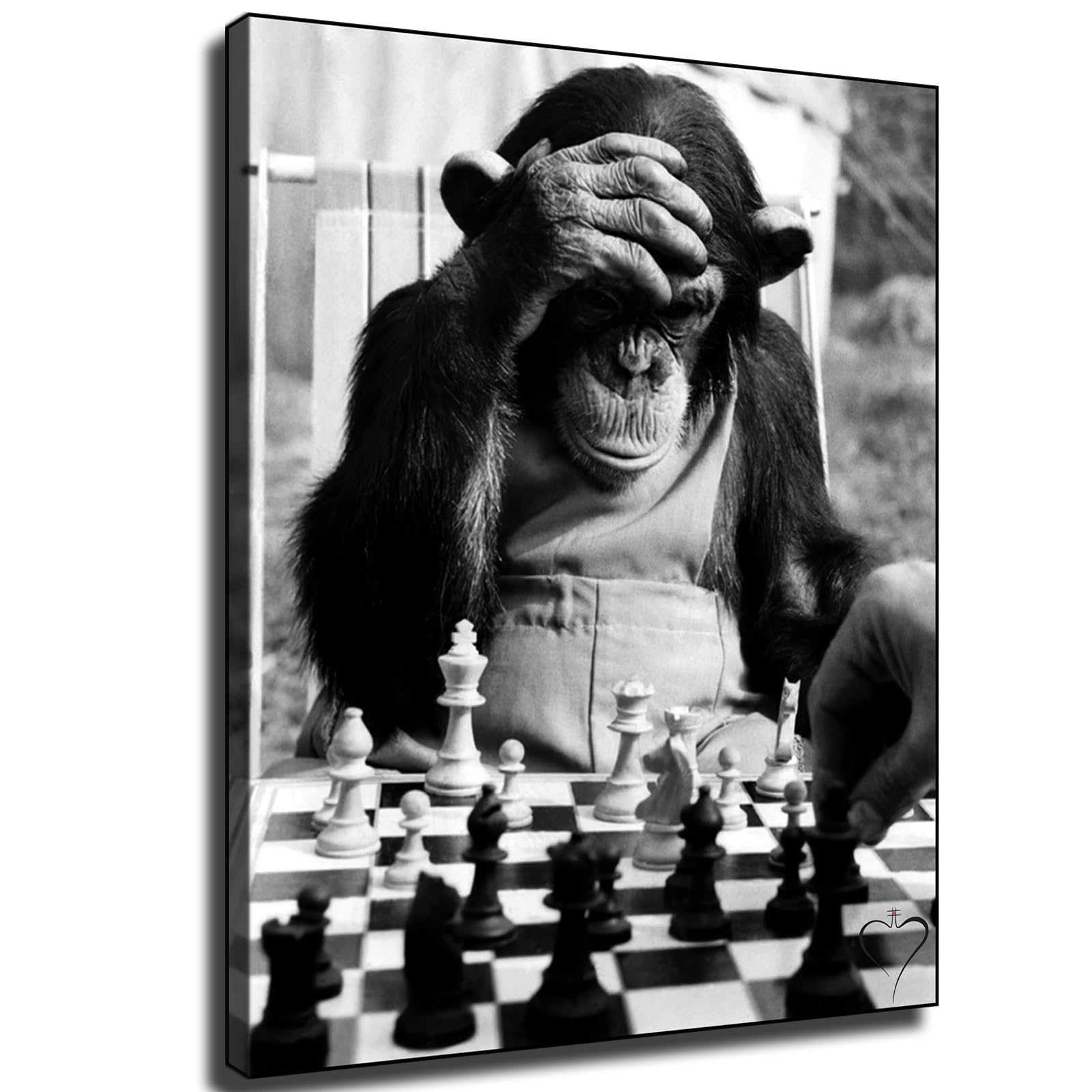 MbeZE Animal Poster Black and White Chess Monkey Chimpanzee Poster Bedroom Decor Gift Canvas Painting Print Artwork Decoration for Bedroom Living Room & Home Wall (12×18inch,Framed)