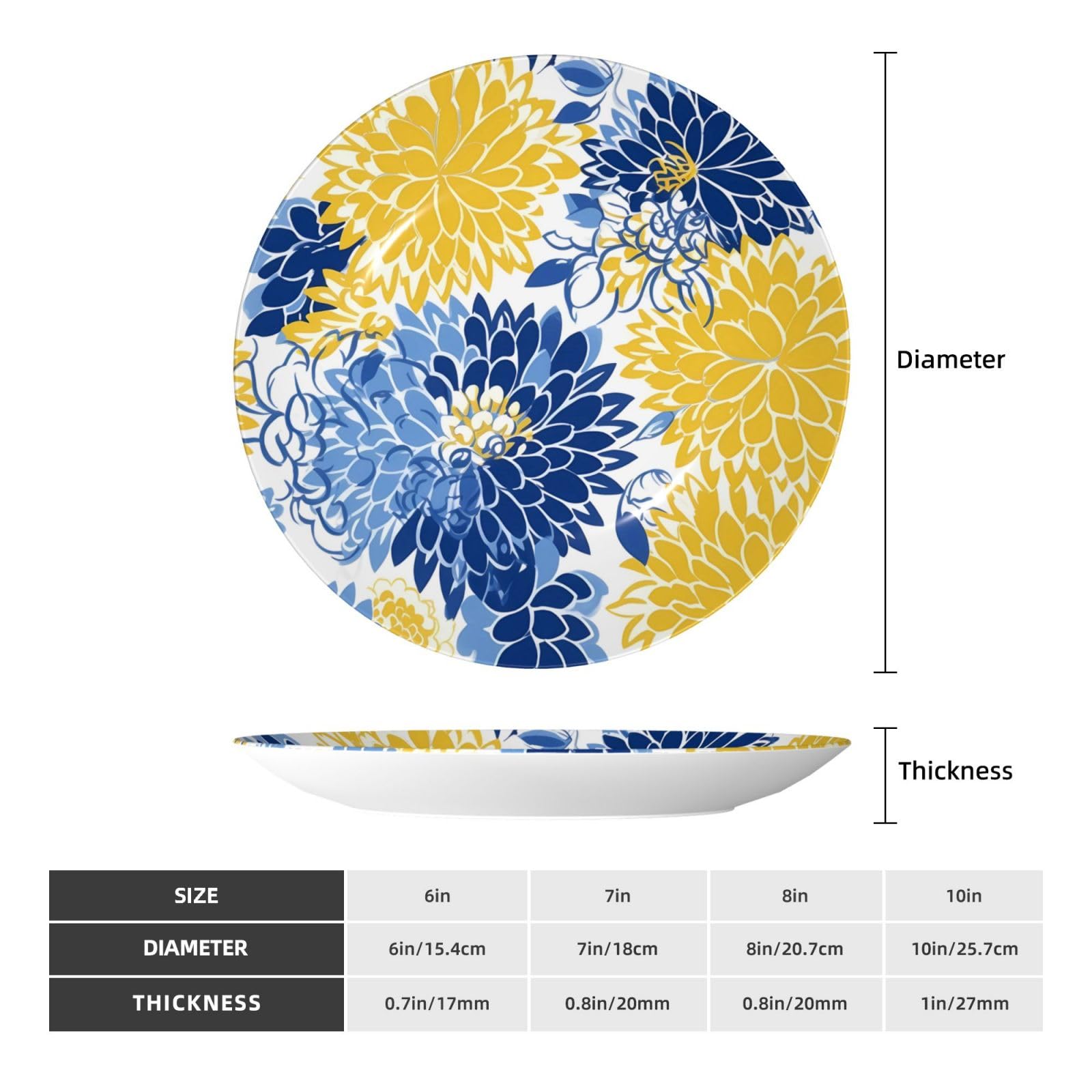 hsbolediy Flower Blue Floral Yellow Porcelain Decorative Plate Ceramic Plates 10in for Couple Wedding Anniversary Kitchen Office Decor