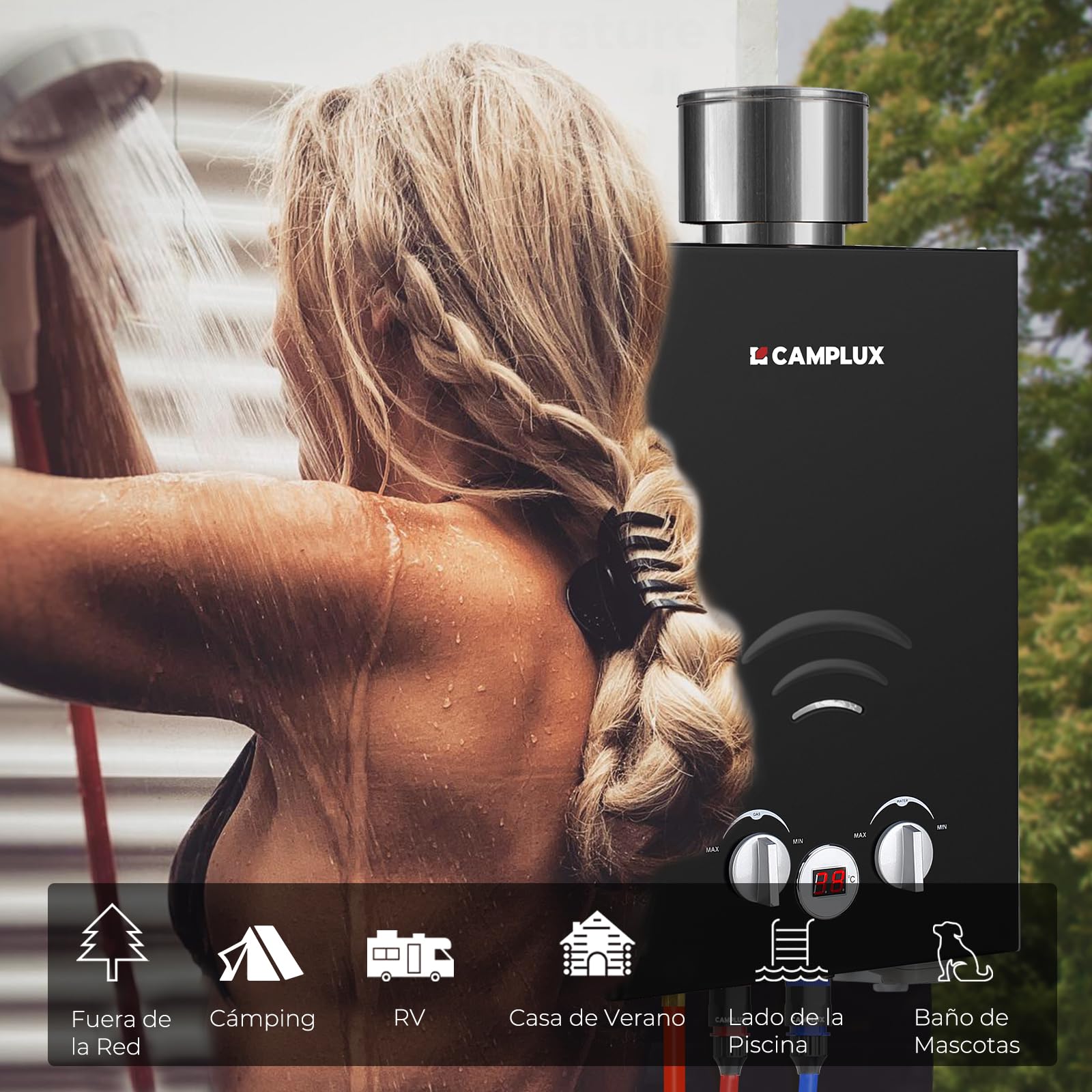 Camplux BW158BC Chauffe-eau à Gaz à 6 Litres sans Réservoir, avec Couvercle de Pluie, Propane ou Butane, 12kW