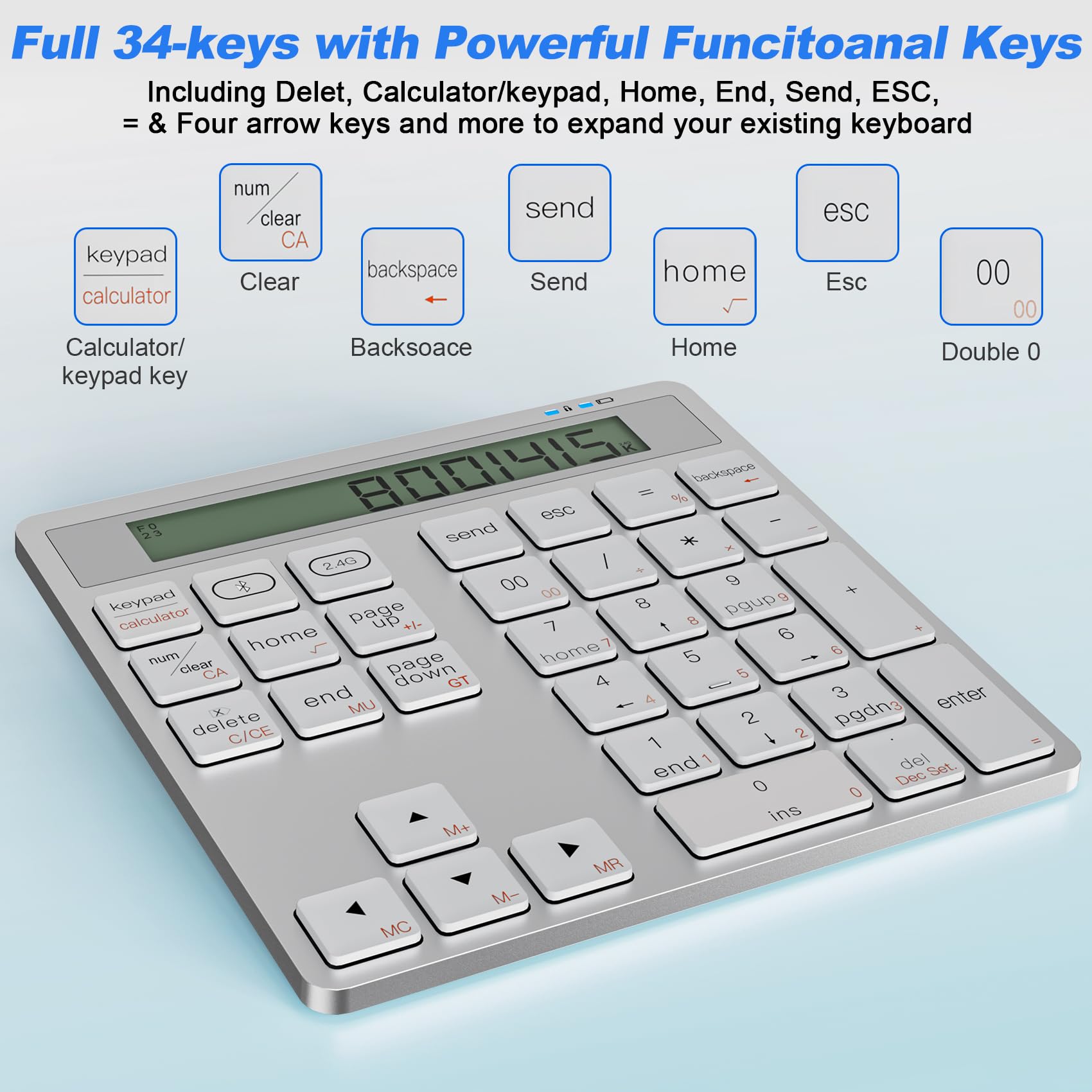 Teclado Numérico Inalámbrico 2.4G, Portátil Teclado Numerico Bluetooth 34 Teclas con Calculadora de Pantalla, Ergonómico Numpad Delgado e Inalámbrico para Computadora Portátil, PC, MacBook, iMac