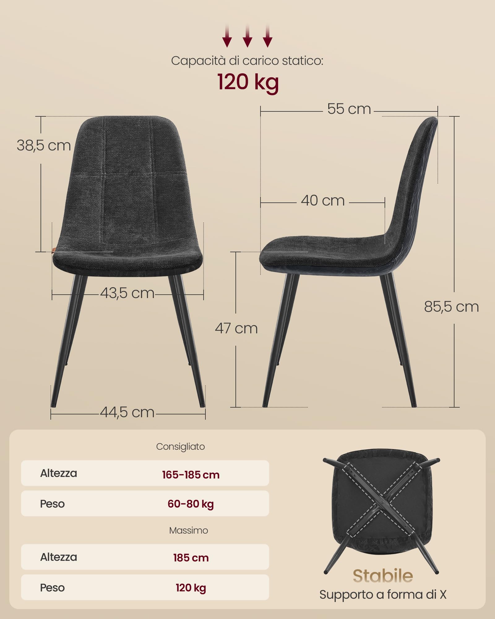 VASAGLE Sedie da Pranzo, Set di 4, Struttura in Metallo, Piedini Regolabili, Facile da pulire, Sedie Imbottite da Cucina, Tessuto Ciniglia, PU con Motivi di Ghiacciai, Grigio Ardesia KDC188G01