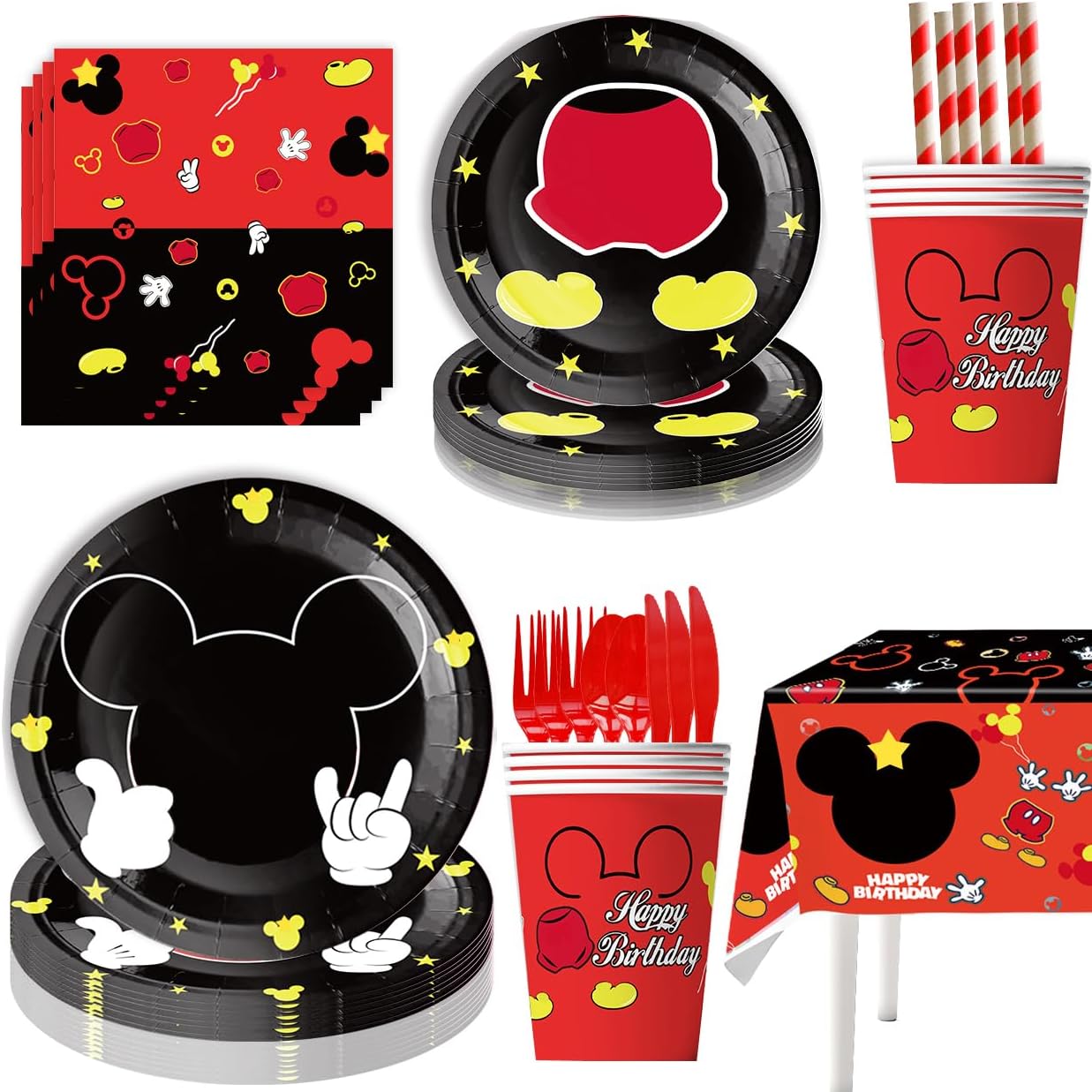 91Pcs Mouse Party Supplies Tableware Set Cartoon Theme Birthday Decorations | Red mouse Birthday Party Paper Plates Napkins Tablecloth Straws Cups Knives Spoon Forks Disposable