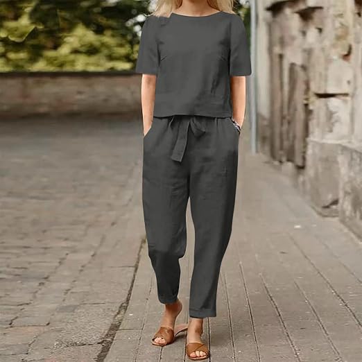 Tuta Donna Estiva In Cotone – Due Pezzi Largi Con Maglietta Maniche Corte E Pantaloni Con Coulisse, Adatta Per Spiaggia E Palestra - 3