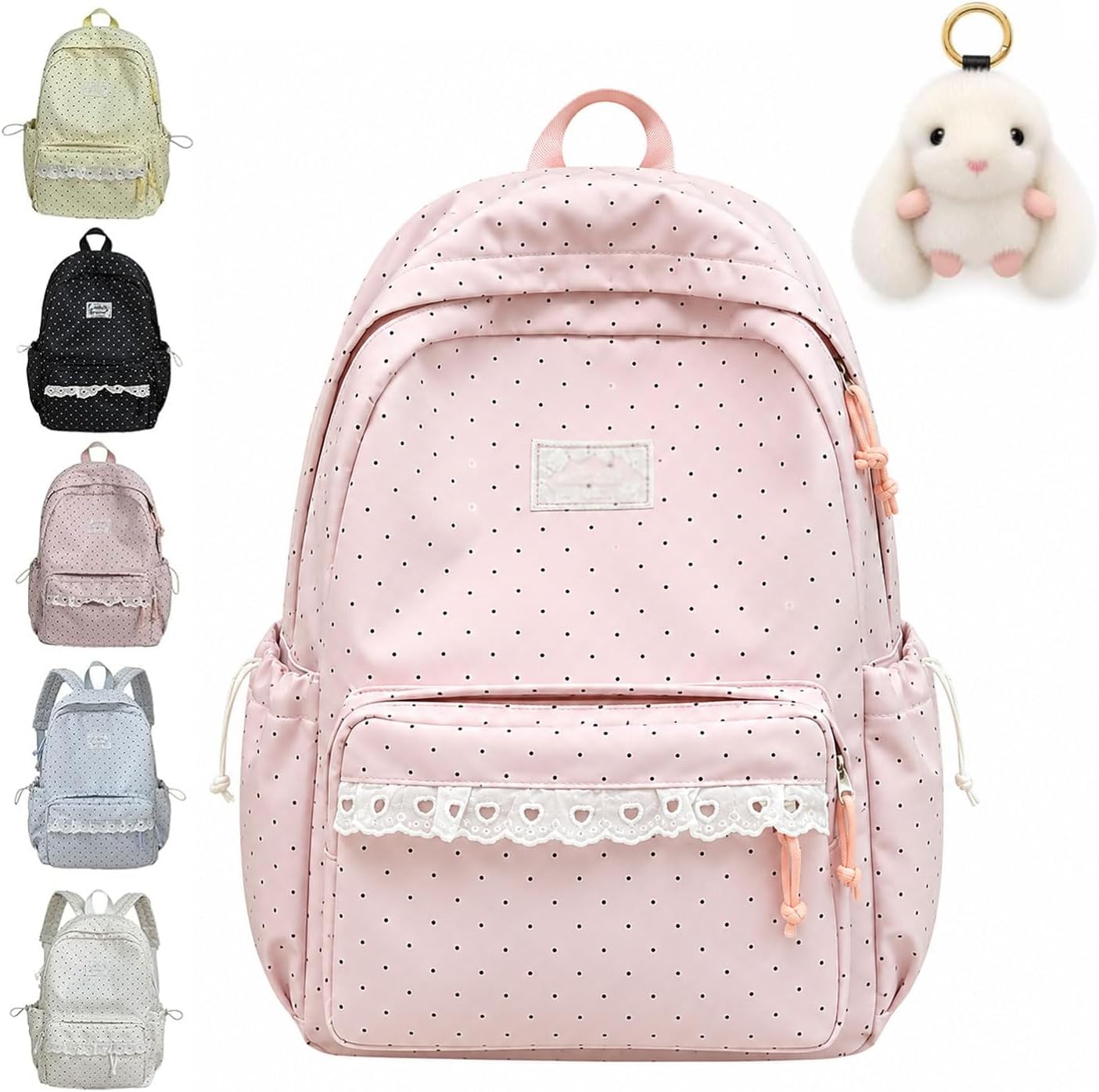 Polka Dot Backpack Coquette Aesthetic Backpack with Lace, Large Laptop Daypack (pink)